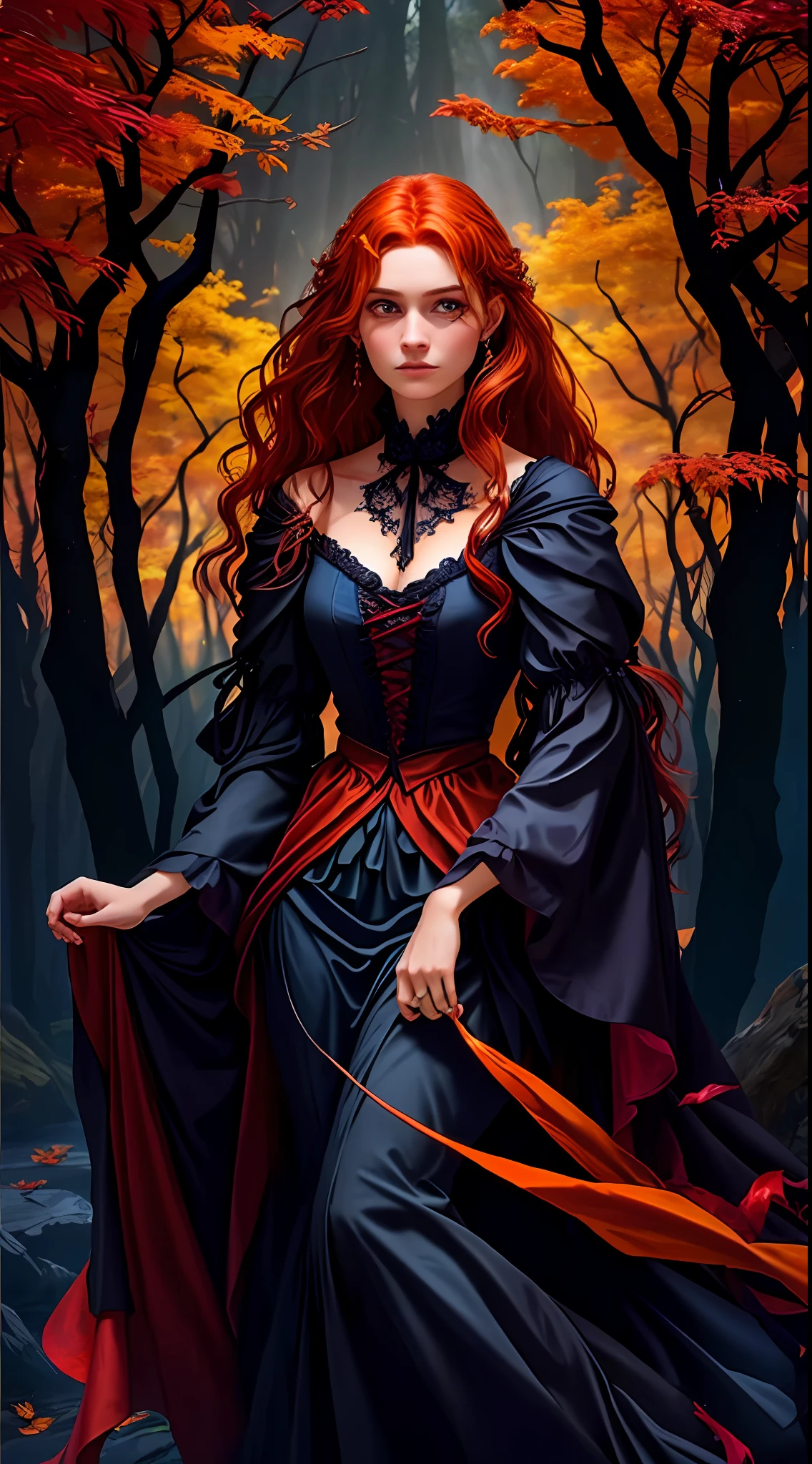 There is a red-haired woman with orange hair and yellow eyes in a black dress with a tree in the background, lovely dark autumn princess, estilo de arte sinistro e sombrio, inspirado em Emily Shanks, personagem bruxa escura, estilo de arte sinistro, persephone as goddess of death, no estilo da arte da fantasia sombria, arte de estilo fantasia escura, design de personagens : : lo gothic, inspirado em Samuel Hieronymus Grimm