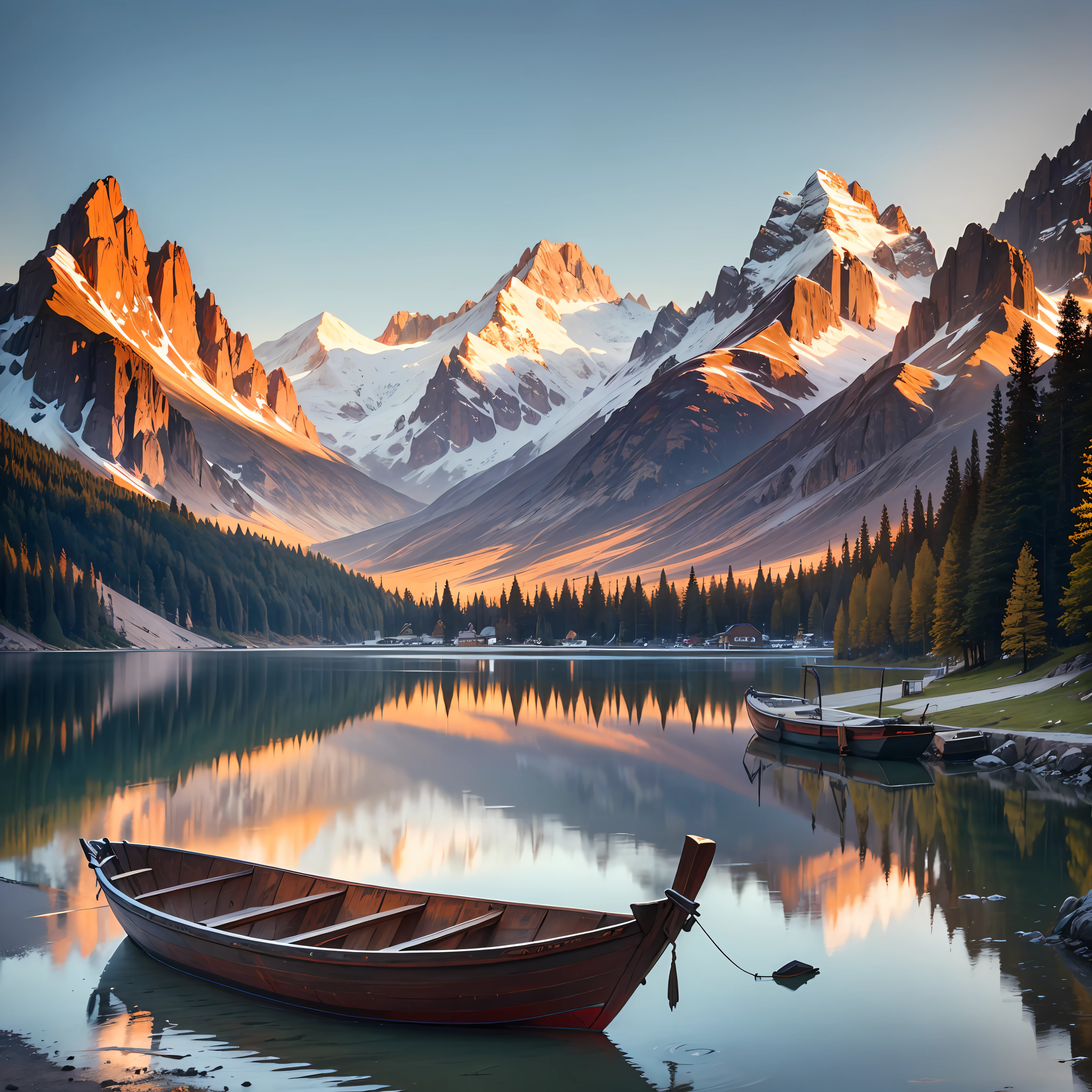 (best quality) A lakeside scene with a gorgeous mountain scenery, featuring a wooden boat at sunset with a good composition.