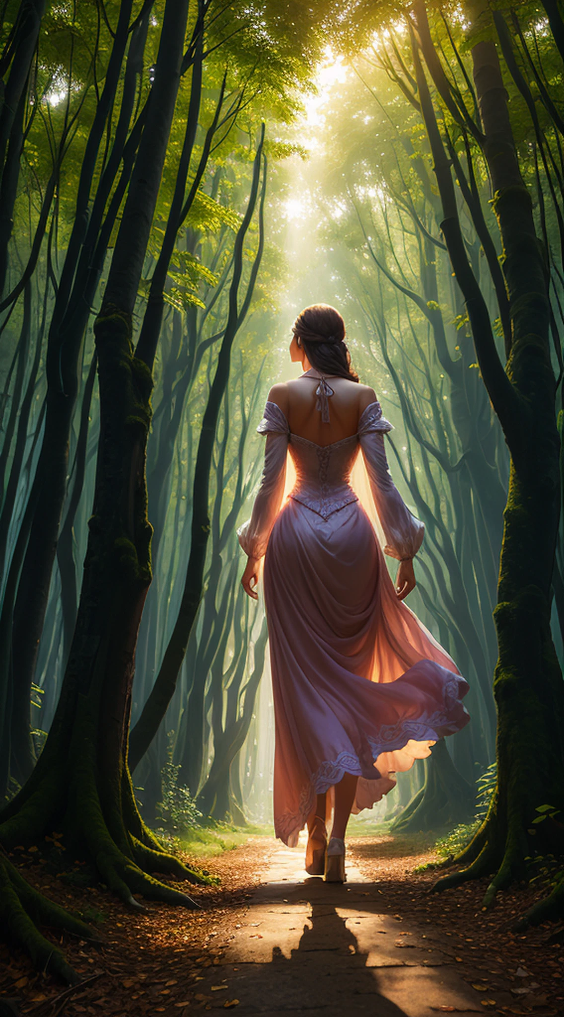 A young woman walking away in a grove with sunlight among the trees, fantasia, lindo vestido antigo, raytracing, volumeric lighting, bela obra de arte, bela luz, perfect compositio, adobe illustrator, digital art, pintura digital, cores pasteis, oil paint, 8k, alta resolução, alta qualidade, soft colors, fantasy, magical, symmetr, corpo perfeito, bela anatomia, anatomia perfeita, 8k, 4k, uhd, hdr, corel draw, professional art.