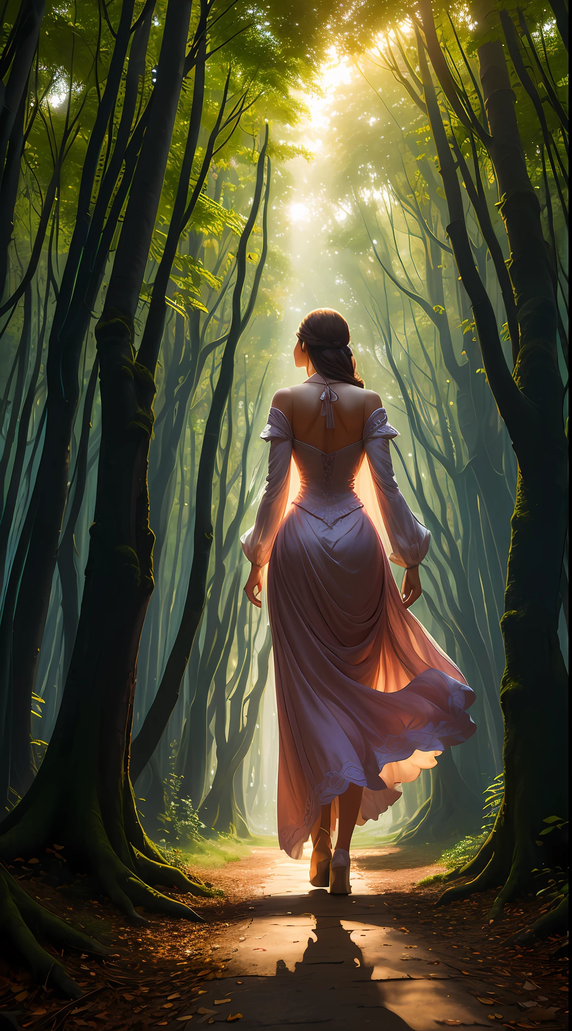 A young woman walking away in a grove with sunlight among the trees, fantasia, lindo vestido antigo, raytracing, volumeric lighting, bela obra de arte, bela luz, perfect compositio, adobe illustrator, digital art, pintura digital, cores pasteis, oil paint, 8k, alta resolução, alta qualidade, soft colors, fantasy, magical, symmetr, corpo perfeito, bela anatomia, anatomia perfeita, 8k, 4k, uhd, hdr, corel draw, professional art.