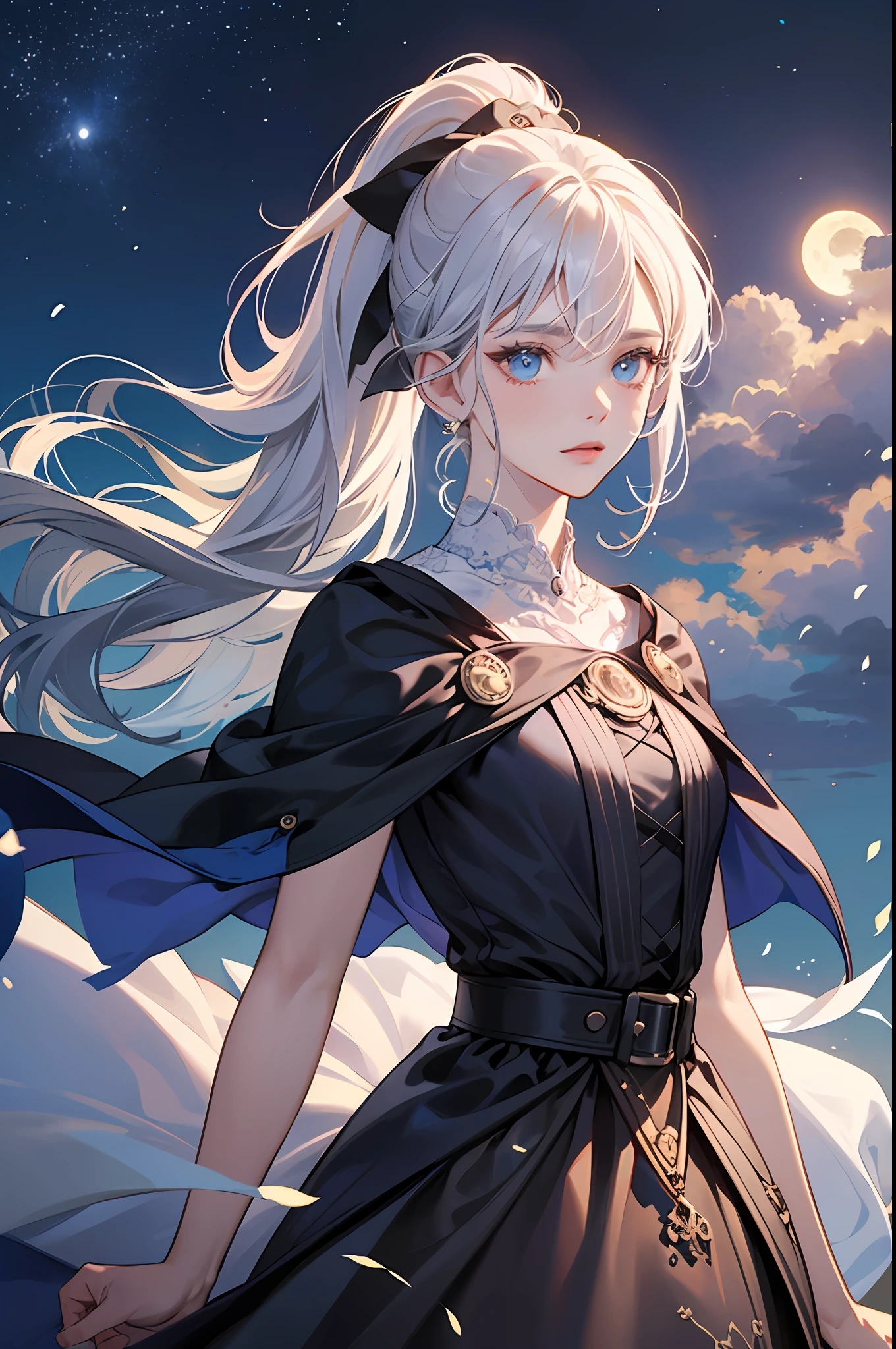 Masterpiece, (Best Quality: 1.2), (Super Fine: 1.2), Illustration, (Extremely Delicate and Beautiful: 1.2), Film Angle, Floating, (Beautiful Detail Eye: 1.1), (Detail Light: 1.1), Film Lights, Delicate Sky, Woman, White Hair, Blue Eyes, (High Ponytail: 1.1), Cloak, Glowing Eyes, (Moon: 1.2), (Moonlight: 1.1), Starry Sky, (Light Particles: 1.1), Fog , snow painting, sketching, blooming --auto
