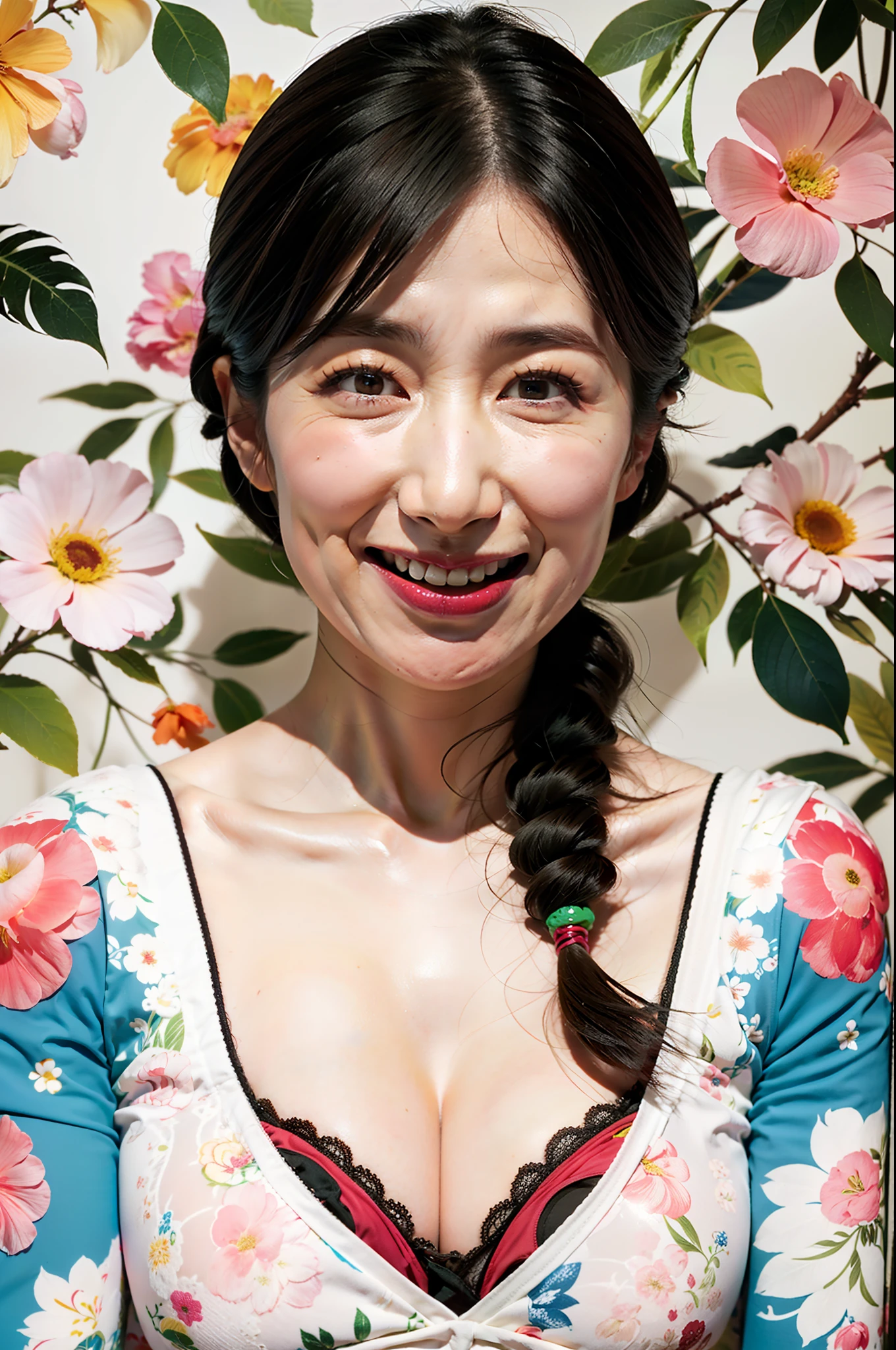 (flat-colors:0.9),(colourfull:1.1),(​masterpiece:1,2), top-quality, ​masterpiece, hight resolution, Original, (flat-colors:0.9),(colourfull:1.1),(​masterpiece:1,2), top-quality, ​masterpiece, hight resolution, Original, highly detailed wallpaper, Viewer's Perspective,Solo,portlate, ((A MILF))、sixty years old、Mature Woman Body Set、Exposing breasts、showing teeth、Detailed tongue、Detailed mouth、Staring at this、Wrinkles at the corners of the eyes、Floral background、protruding nipple、