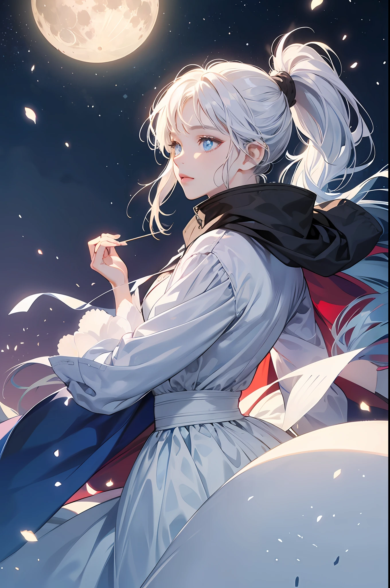 Masterpiece, (Best Quality: 1.2), (Super Fine: 1.2), Illustration, (Extremely Delicate and Beautiful: 1.2), Film Angle, Floating, (Beautiful Detail Eye: 1.1), (Detail Light: 1.1), Film Lights, Delicate Sky, Woman, White Hair, Blue Eyes, (High Ponytail: 1.1), Cloak, Glowing Eyes, (Moon: 1.2), (Moonlight: 1.1), Starry Sky, (Light Particles: 1.1), Fog , snow painting, sketching, blooming --auto