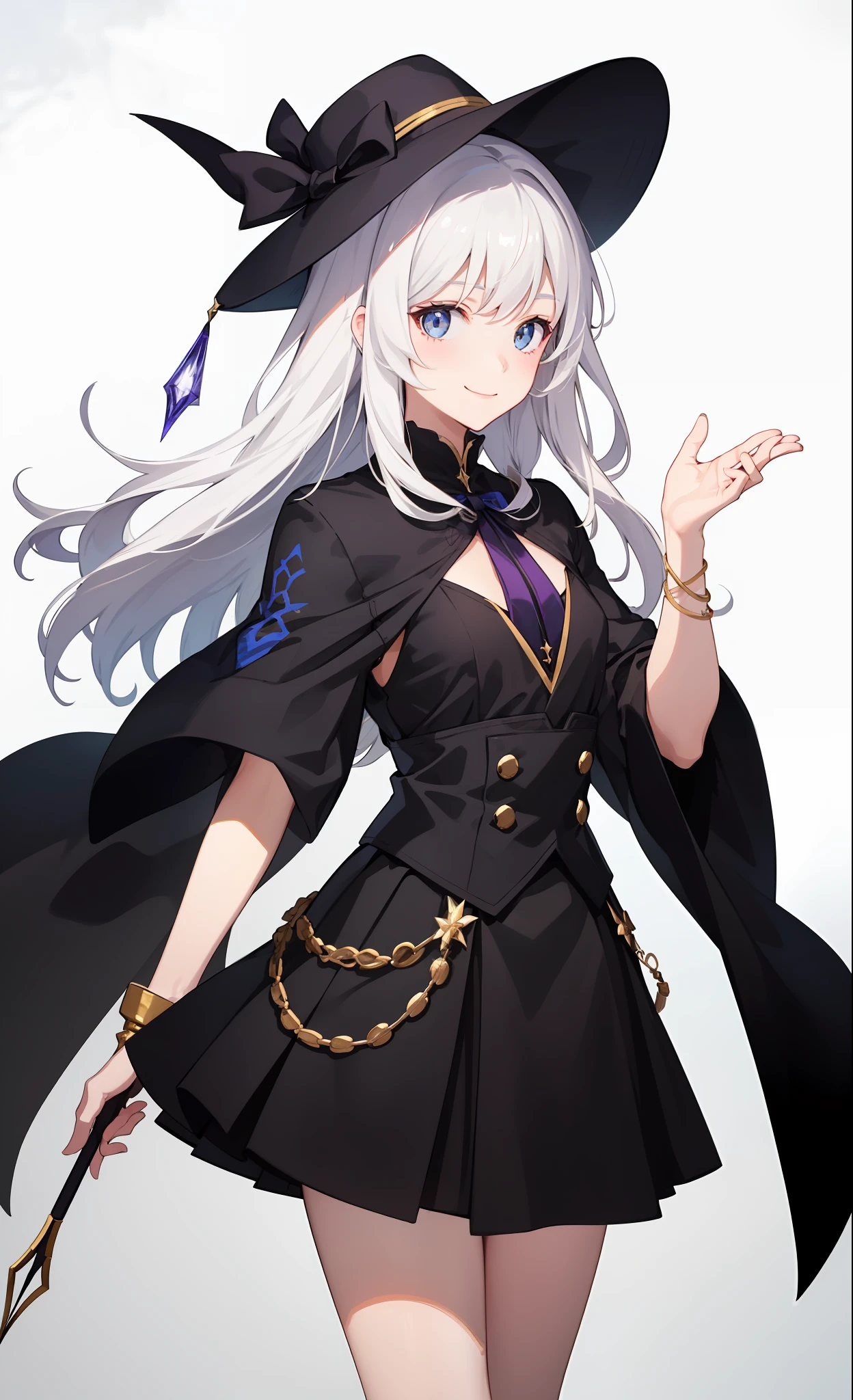 1girl in、A smile、The shirt、Blouse、skirt by the、（small tits）Chilarism、movement、Hats、cloaks、magic wands、Sorcerer、white  hair、