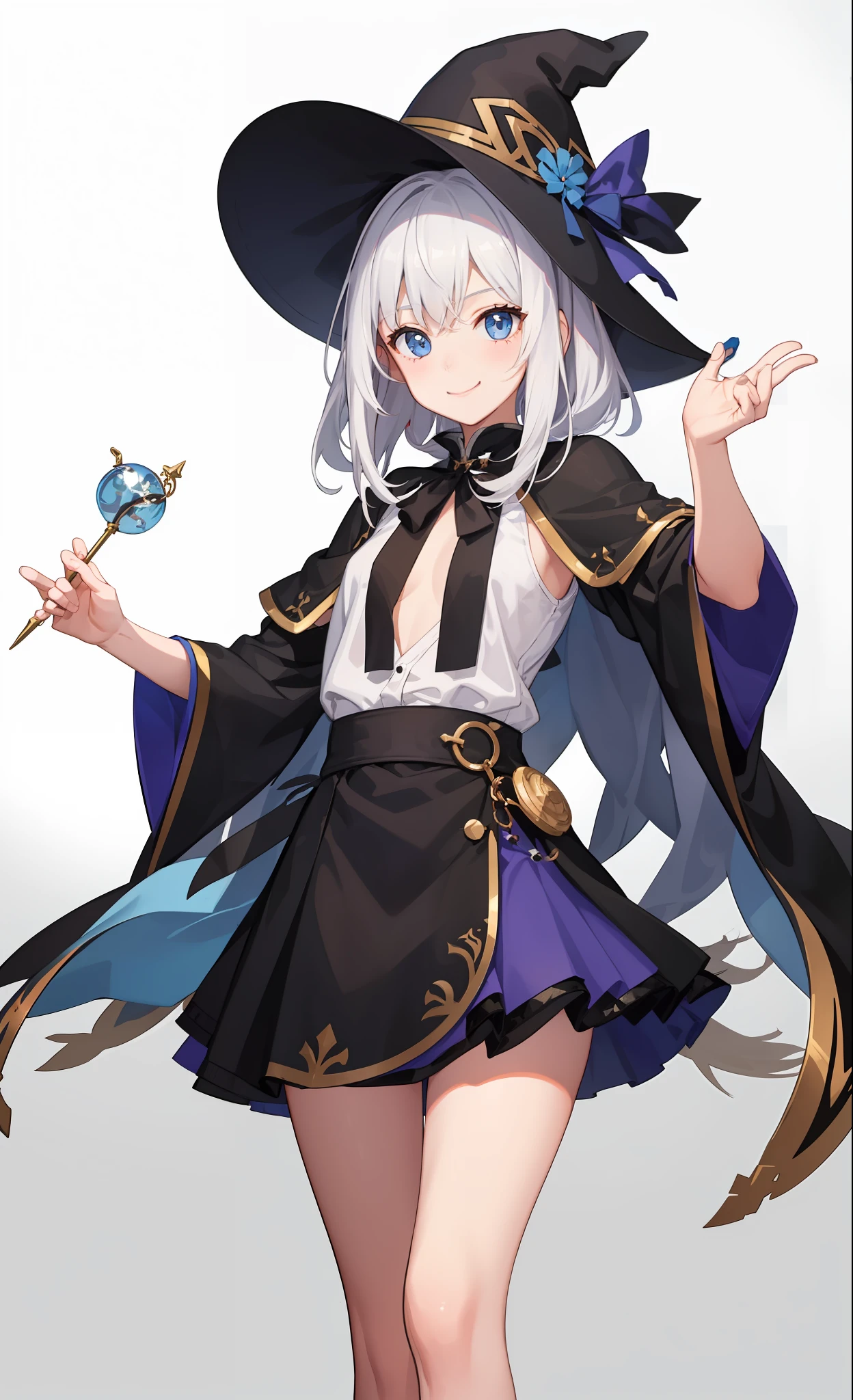 1girl in、A smile、The shirt、Blouse、skirt by the、(small tits)Chilarism、movement、Hats、cloaks、magic wands、Sorcerer、white hair、