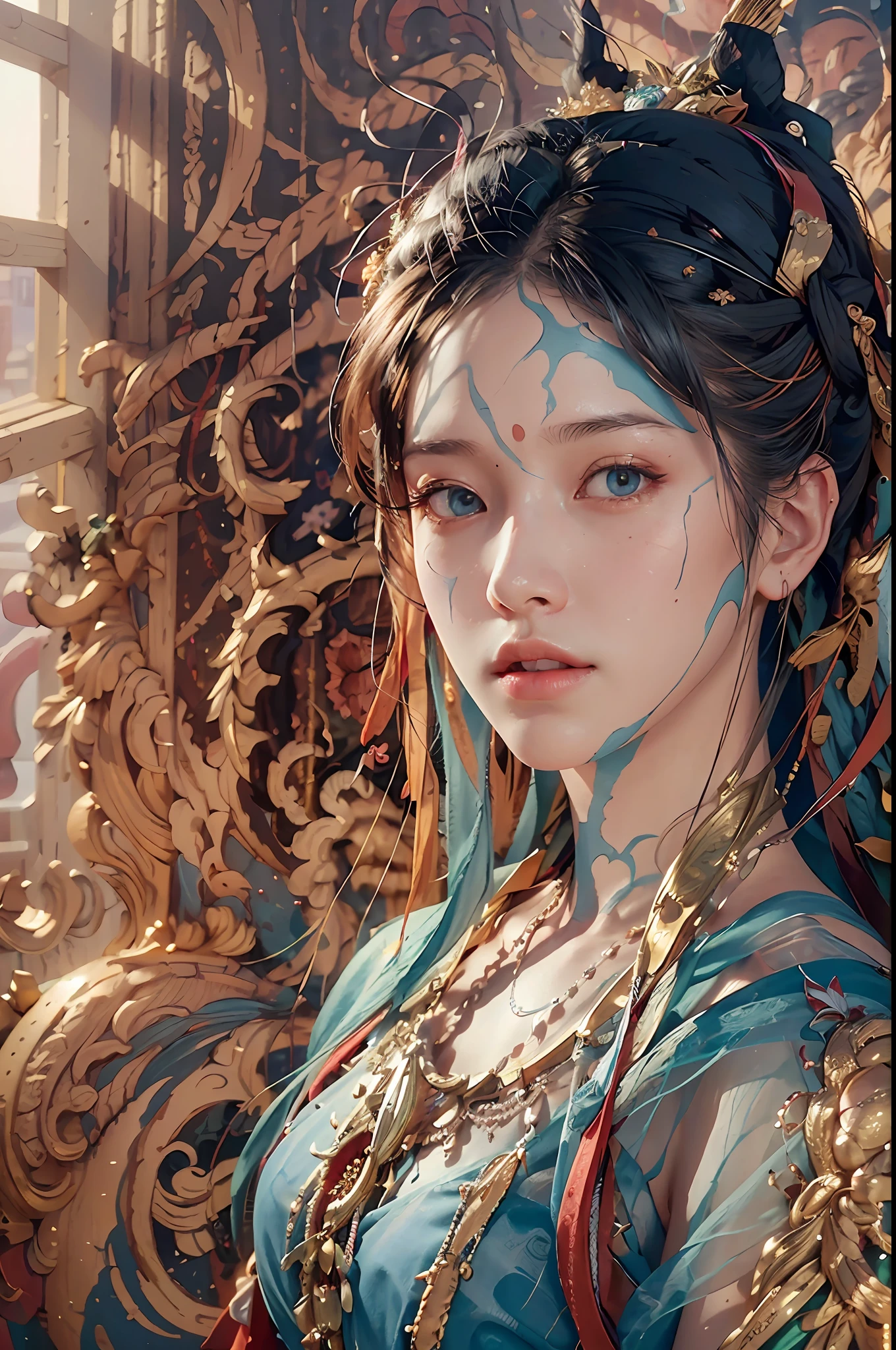 (RAW photo, best quality), (realistic, photo-realistic:1.3),best quality,highly detailed,masterpiece,ultra-detailed,illustration,1girl,upper_body,dynamic angle,world masterpiece theater,messy_long_hair,best quality,extremely detailed CG unity 8k wallpaper,ink,Amazing,cinematic lighting,lens_flare,,dunhuang_style