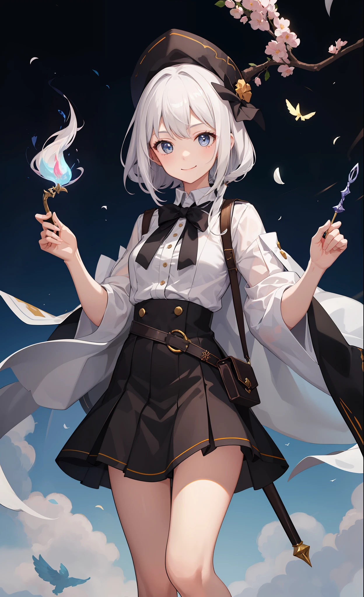 1girl in、A smile、The shirt、Blouse、skirt by the、（small tits）Chilarism、movement、Hats、cloaks、magic wands、Sorcerer、white  hair、