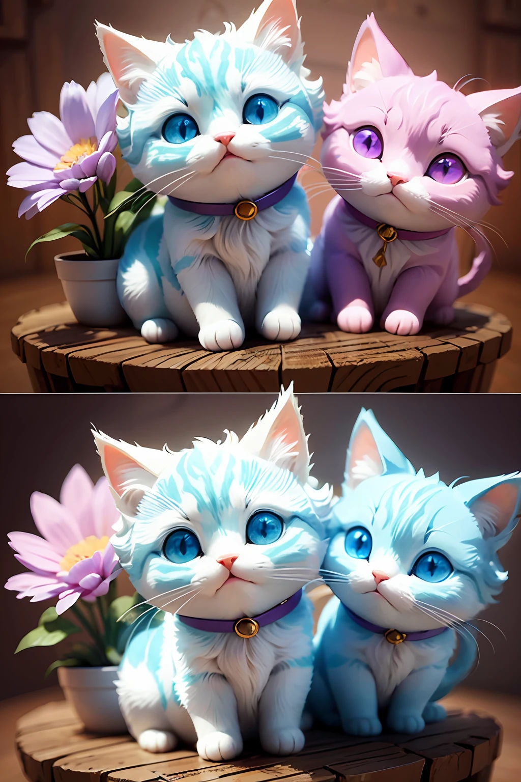 detailed illustration, cute and vivid kitten, fantasy flower splash, in Studio Ghibli style, pastel tetradic colors of white and lilac flora, 3D vector art, cartoon fantasy cat, cute. --auto --s2