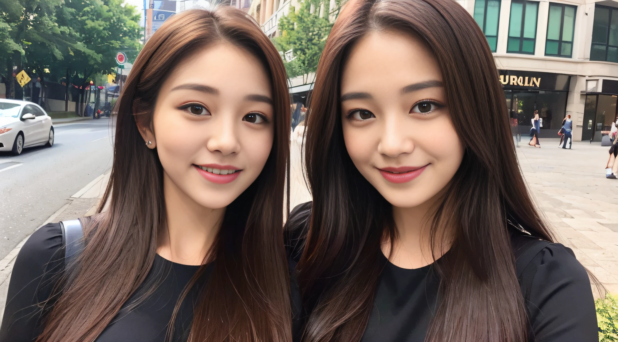 ((Best quality, 8k, Masterpiece :1.3)), 1girl, smiling, full body, slim face, Pretty woman, (Dark brown hair), full length dress :1.1, Ultra-detailed face, Detailed eyes, Double eyelid, blur background, slim face, city, outside, street,