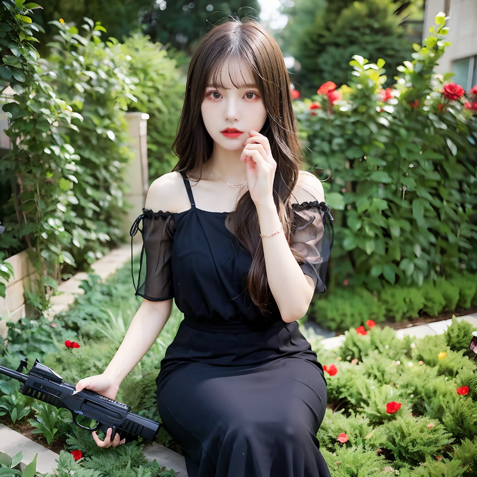 Black tears, corolla, revolutionary, possessing a pistol, dark theme, 18 year old girl in the garden, black dress, holding a rifle (top quality, masterpiece: 1.2), (red flower chaos in the background: 1.3)