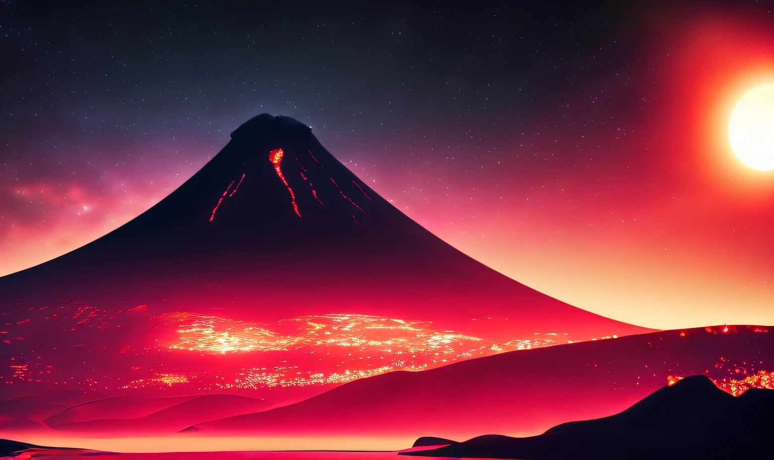 A dark macabre setting of a volcano, noite, dark night sky (Estilo lndskp) e (Estilo Redshift: 1.2), noite de luar