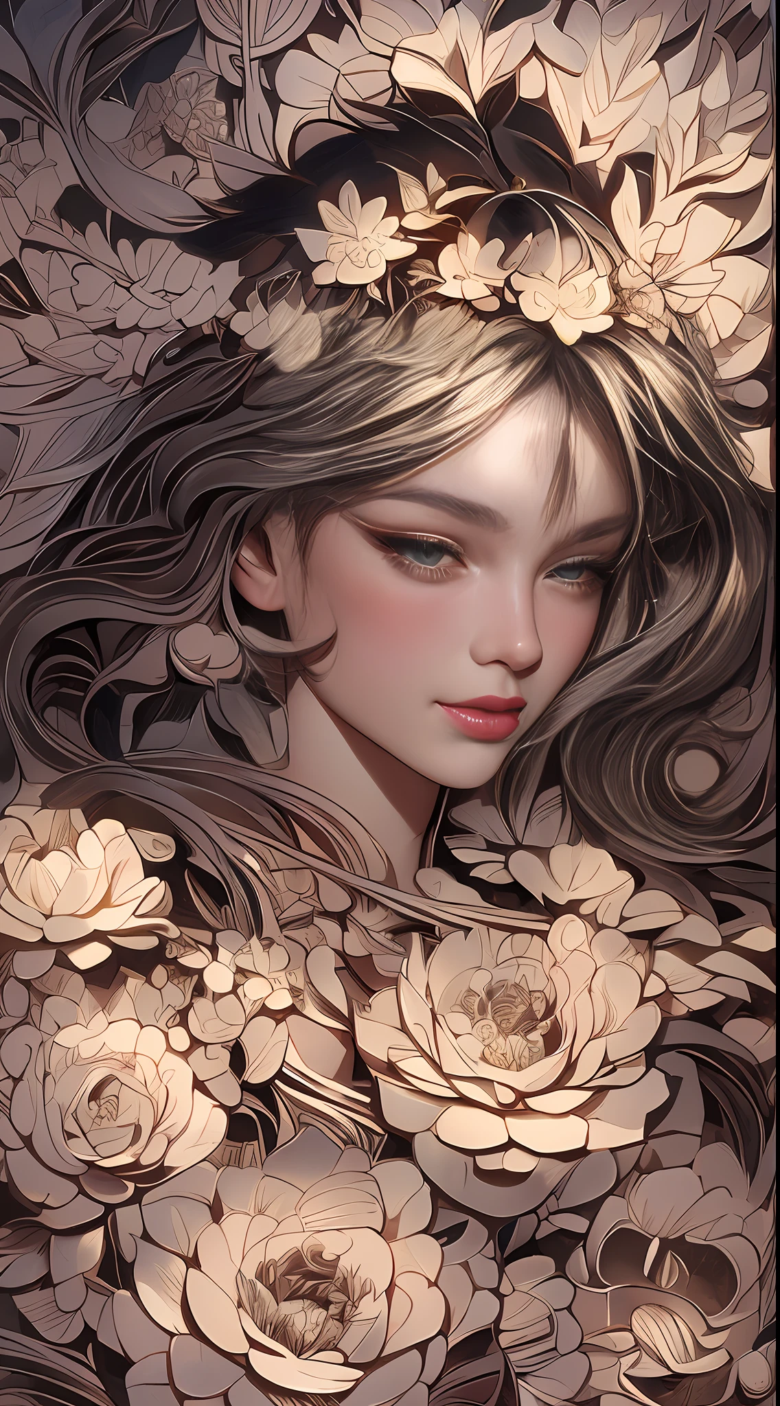 a drawing of a woman with flowers in her hair, beautiful line art, exquisite line art, goddess. extremely high detail, black and white coloring, detailed matte fantasy portrait, line art, extremely fine ink lineart, official illustration, a beautiful artwork illustration, black and white line art, highly detailed linework, lineart behance hd, art nouveau ink illustration, Beautiful and elegant elf queen, fantasy art style, goddesses. very high details, artwork, Picture books, masterpiece, bestquality, (extremely detailed cg unity 8k wallpaper), (bestquality), (best illustration), (best shadows), Absurd, Realistic lighting, (abyss), Beautiful Detailed Glow