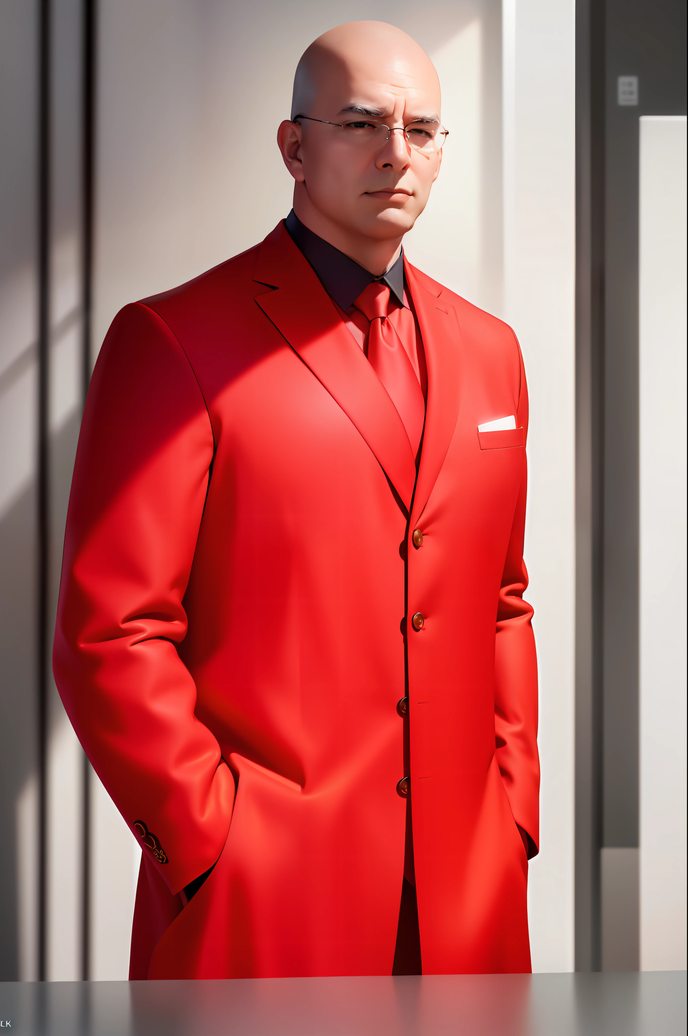 (With_no_beard:1.3),
red background behind him,
Standing at attention,
Black_suit,Black_jacket,shirt,
Red_tie,bald Head, blue_eyes,
1 old_Man, 50yo,male,looking at viewer,(angry:1.0),
NSFW,official art,extremely detailed CG unity 8k wallpaper, perfect lighting,Colorful, Bright_Front_face_Lighting,
(masterpiece:1.0),(best_quality:1.0), ultra high res,4K,ultra-detailed,
photography, 8K, HDR, highres, absurdres:1.2, Kodak portra 400, film grain, blurry background, bokeh:1.2, lens flare, (vibrant_color:1.2)