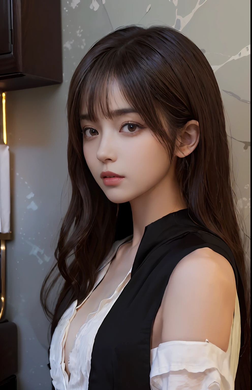 (A hyper-realistic)、(illustratio)、(hight resolution)、(8K)、(ighly detailed)、(Best Illustration)、(beautifully detailed eyes)、(top-quality)、(ultra-detailliert)、(masterpiece)、(wall-paper)、(A detailed face)、独奏、1 girl in、looking at viewert、fine detailed、A detailed face、Dark Bar Counter、in the darkness nigth、deep-shadows、lowkey、pureerosfaceace_v1、long、Dark blonde shawl straight hair、bangss, 、white shirt, small tits, The upper part of the body,