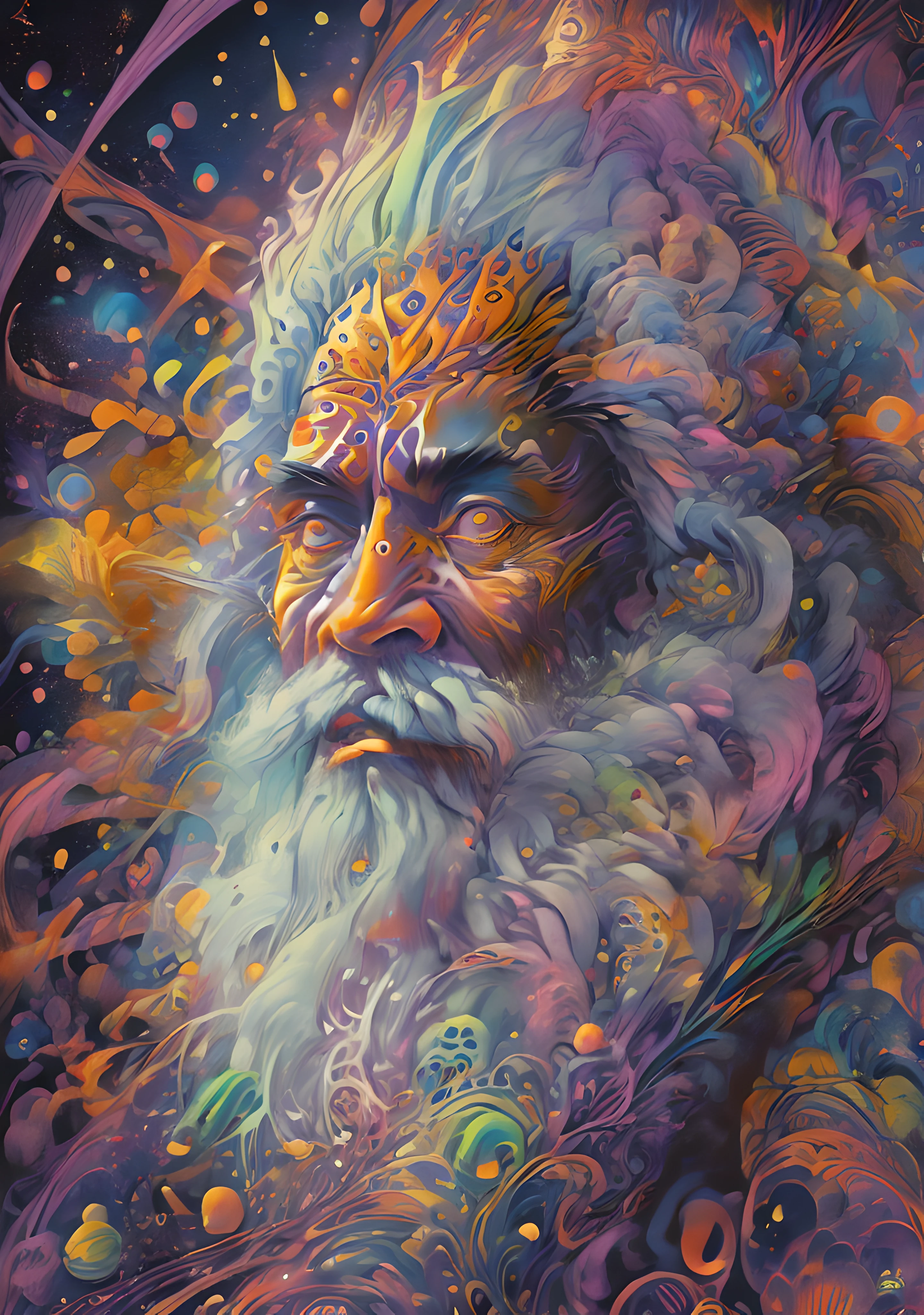 (High resolution, incredibly detailed, masterpiece), portrait of Shri Haidakhan Wale Baba, featuring fractal geometry in (vibrant colors:0.8), set against a (galactic background:1.2), bringing together complex, mesmerizing shapes and patterns.dmt .