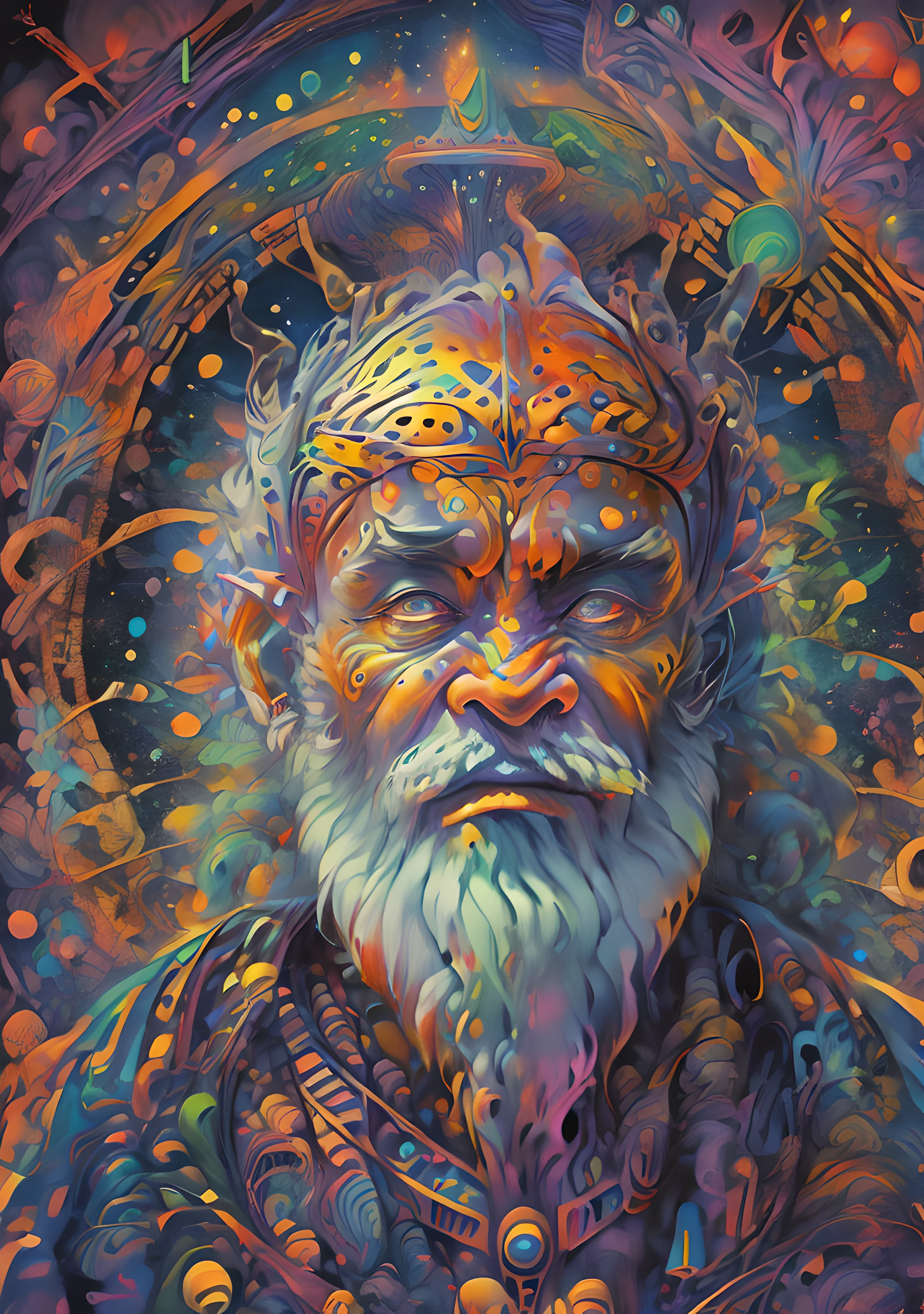 (High resolution, incredibly detailed, masterpiece), portrait of Shri Haidakhan Wale Baba, featuring fractal geometry in (vibrant colors:0.8), set against a (galactic background:1.2), bringing together complex, mesmerizing shapes and patterns.dmt .