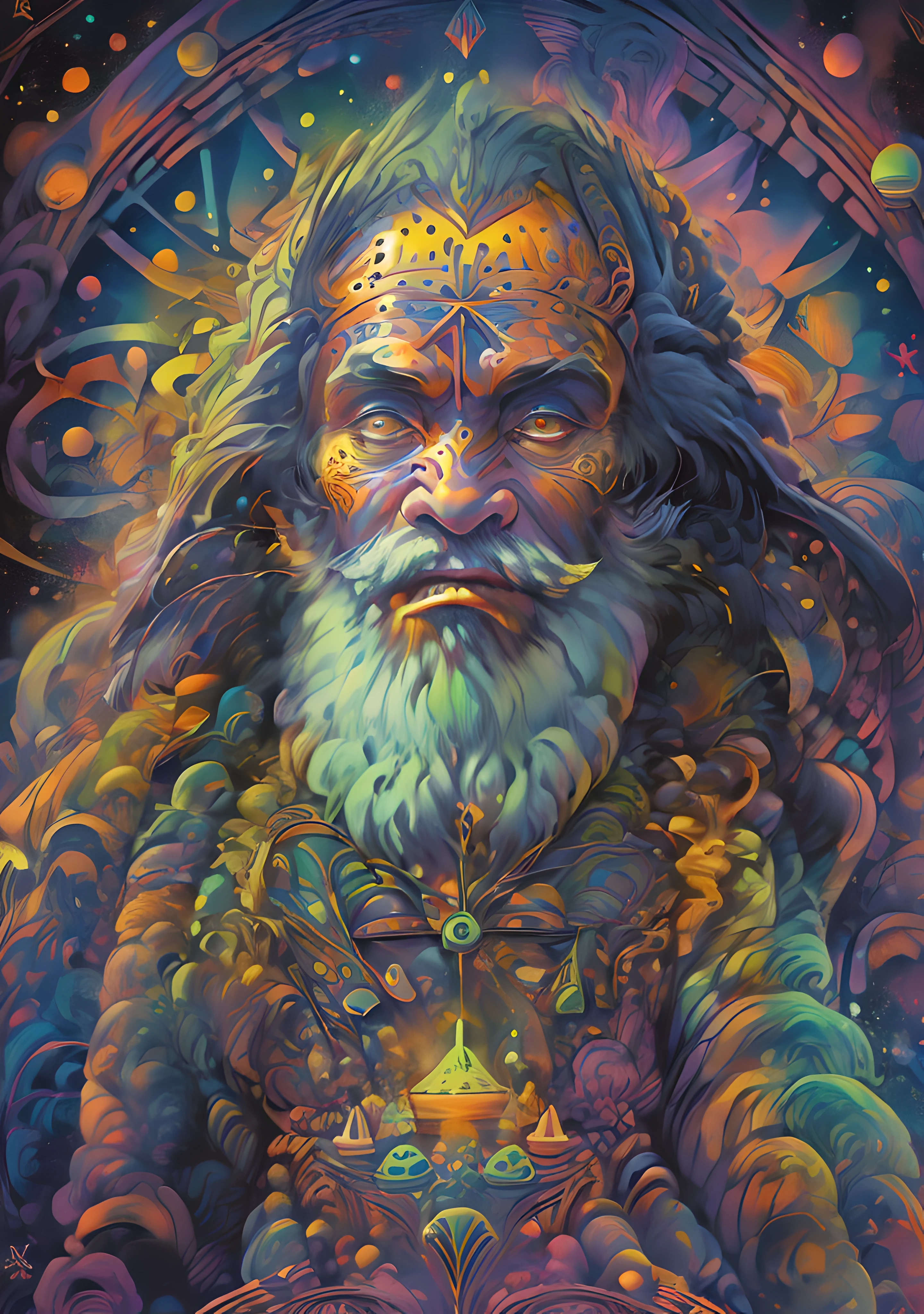 (High resolution, incredibly detailed, masterpiece), portrait of Shri Haidakhan Wale Baba, featuring fractal geometry in (vibrant colors:0.8), set against a (galactic background:1.2), bringing together complex, mesmerizing shapes and patterns.dmt .