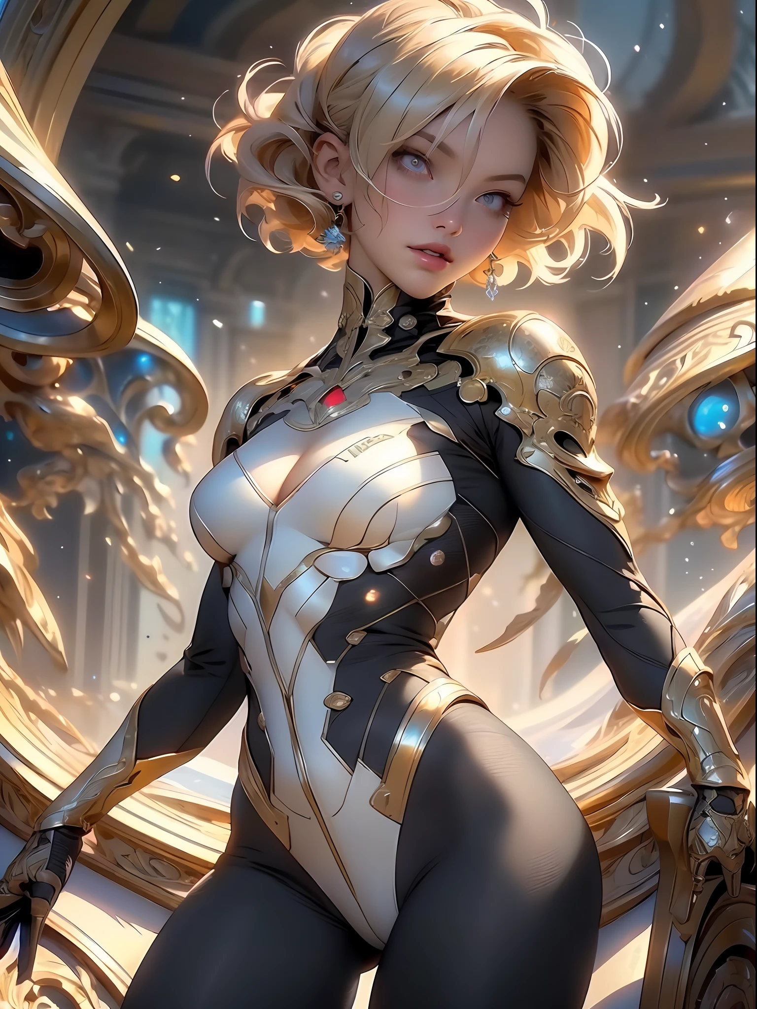 Highly detailed RAW color photo, beautiful young woman, short blonde hair, dynamic pose, (wide hips), (detailed skin), (detailed lips), (detailed eyes), (cosmic: 1.4), (necropolis: 1.1), (science fiction setting) (detailed face), (curvy), red clothing, detailed eyes, chromatic aberration, depth of field, soft lighting, masterpiece, best quality, intricate, (lens reflection: 0.7), (flowering: 0.7), particle effects, ray tracing, tone mapping, highly detailed, concept art, smooth, sharp focus, dramatic lighting, highly detailed art, cinematic, hyper-realistic painting, trending on Artstation, 8K, amazing shadows, realistic, (highly detailed background: 1.2), mid-journey art
