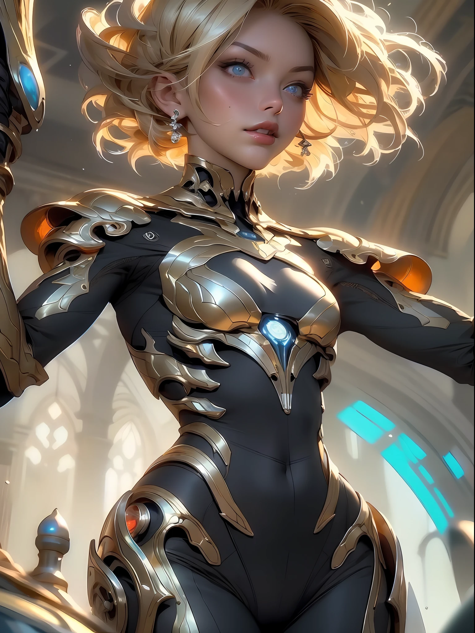 Highly detailed RAW color photo, beautiful young woman, short blonde hair, dynamic pose, (wide hips), (detailed skin), (detailed lips), (detailed eyes), (cosmic: 1.4), (necropolis: 1.1), (science fiction setting) (detailed face), (curvy), red clothing, detailed eyes, chromatic aberration, depth of field, soft lighting, masterpiece, best quality, intricate, (lens reflection: 0.7), (flowering: 0.7), particle effects, ray tracing,  tone mapping, highly detailed, concept art, smooth, sharp focus, dramatic lighting, highly detailed art, cinematic, hyper-realistic painting, trending on Artstation, 8K, amazing shadows, realistic, (highly detailed background: 1.2), mid-journey art