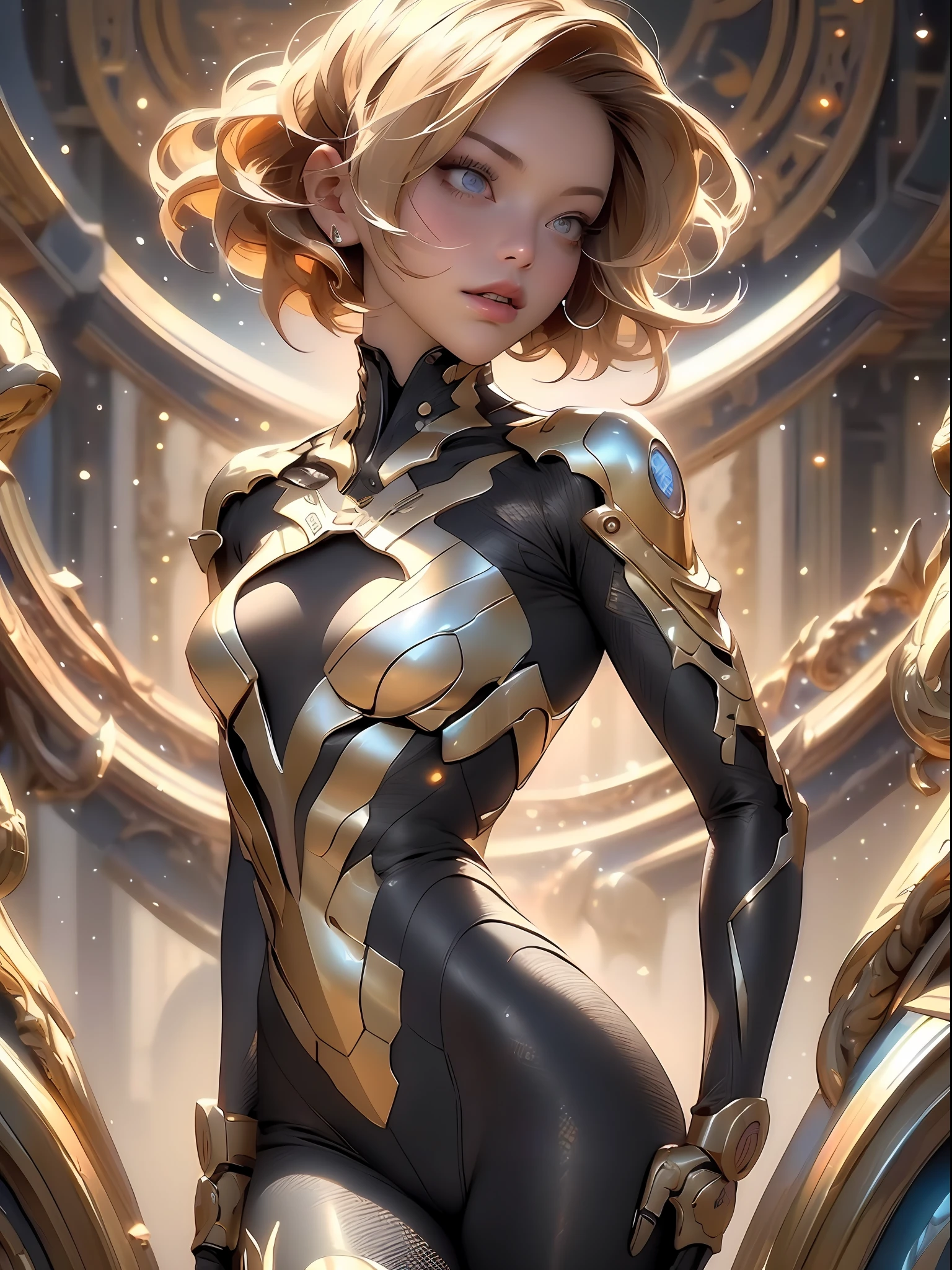 Highly detailed RAW color photo, beautiful young woman, short blonde hair, dynamic pose, (wide hips), (detailed skin), (detailed lips), (detailed eyes), (cosmic: 1.4), (necropolis: 1.1), (science fiction setting) (detailed face), (curvy), red clothing, detailed eyes, chromatic aberration, depth of field, soft lighting, masterpiece, best quality, intricate, (lens reflection: 0.7), (flowering: 0.7), particle effects, ray tracing, tone mapping, highly detailed, concept art, smooth, sharp focus, dramatic lighting, highly detailed art, cinematic, hyper-realistic painting, trending on Artstation, 8K, amazing shadows, realistic, (highly detailed background: 1.2), mid-journey art