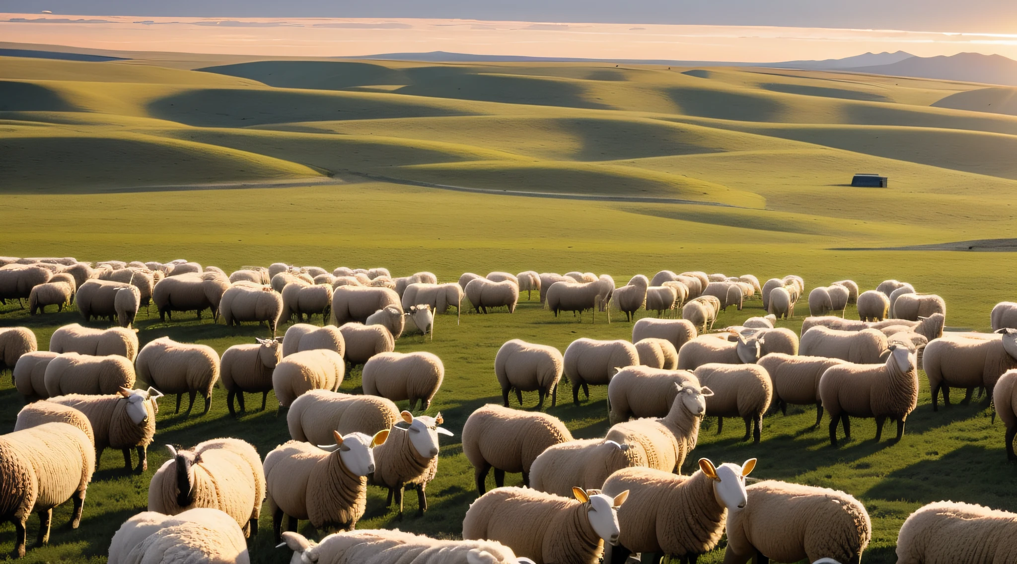 In the steppe, A flock of sheep grazes leisurely,The flocks are implicated in each other,Grow in rows(pegging),white colors(White)sheeps、black in color(black)Sheep and brown(brown)sheeps,Under the sunset(Sunset),Live photos of a large herd of animals,Landscapes of Mongolia。