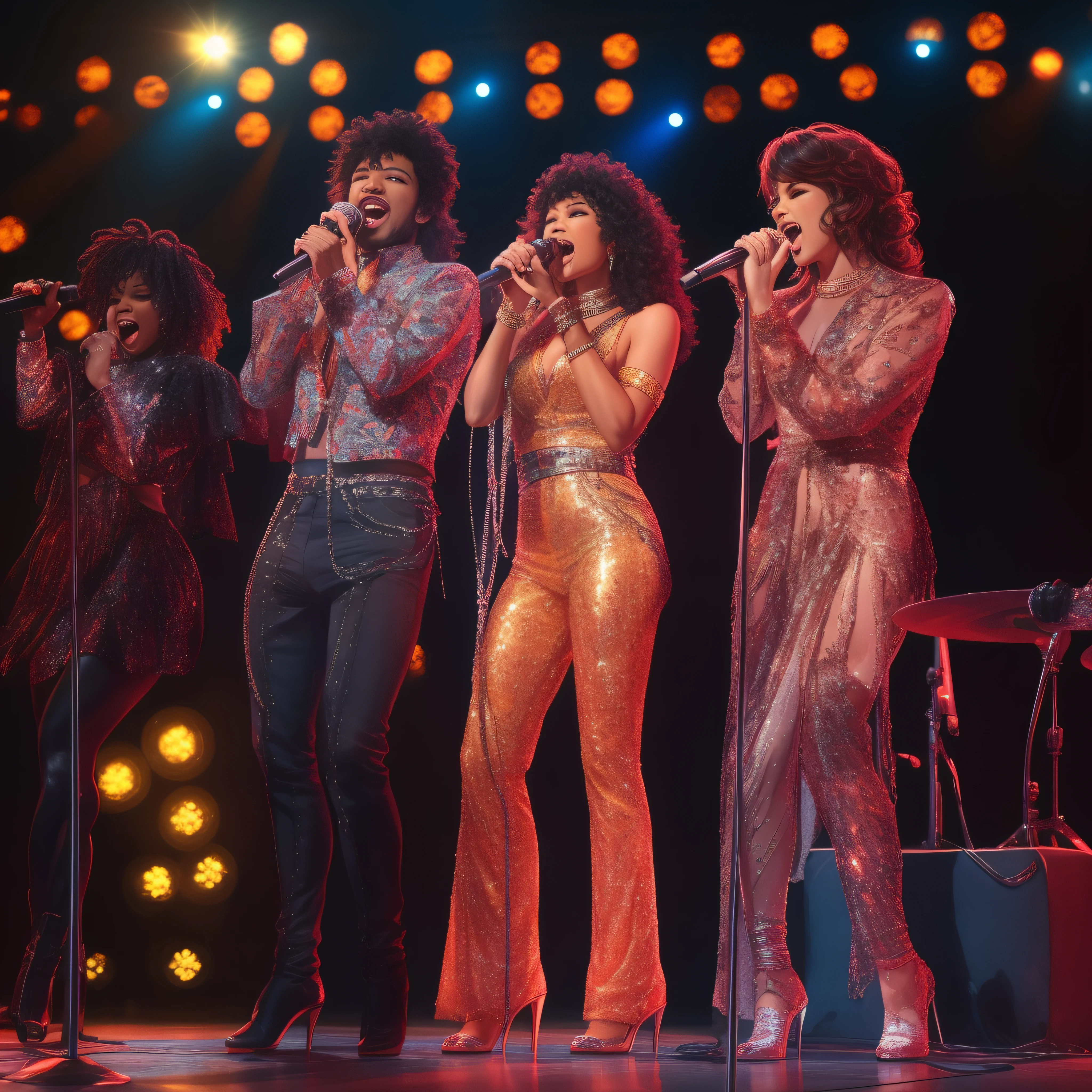 2 MALE singers and 2 FEMALE singers singing standing up, em um show com roupas anos 70, brilhantes e com paetes e lantejoulas, com luzes e neons