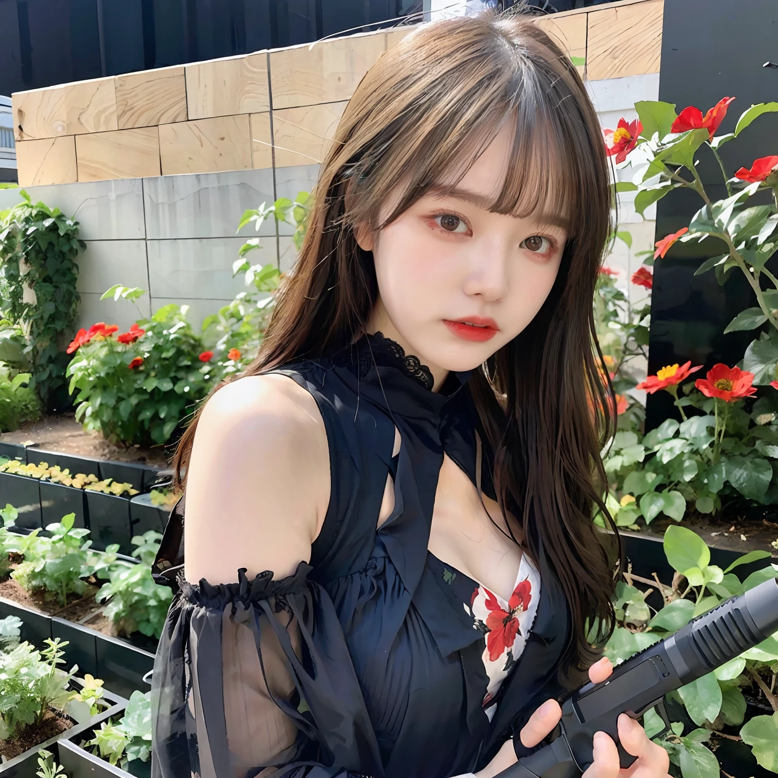 Black tears, corolla, revolutionary, possessing a pistol, dark theme, 18 year old girl in the garden, black dress, holding a rifle (top quality, masterpiece: 1.2), (red flower chaos in the background: 1.3)