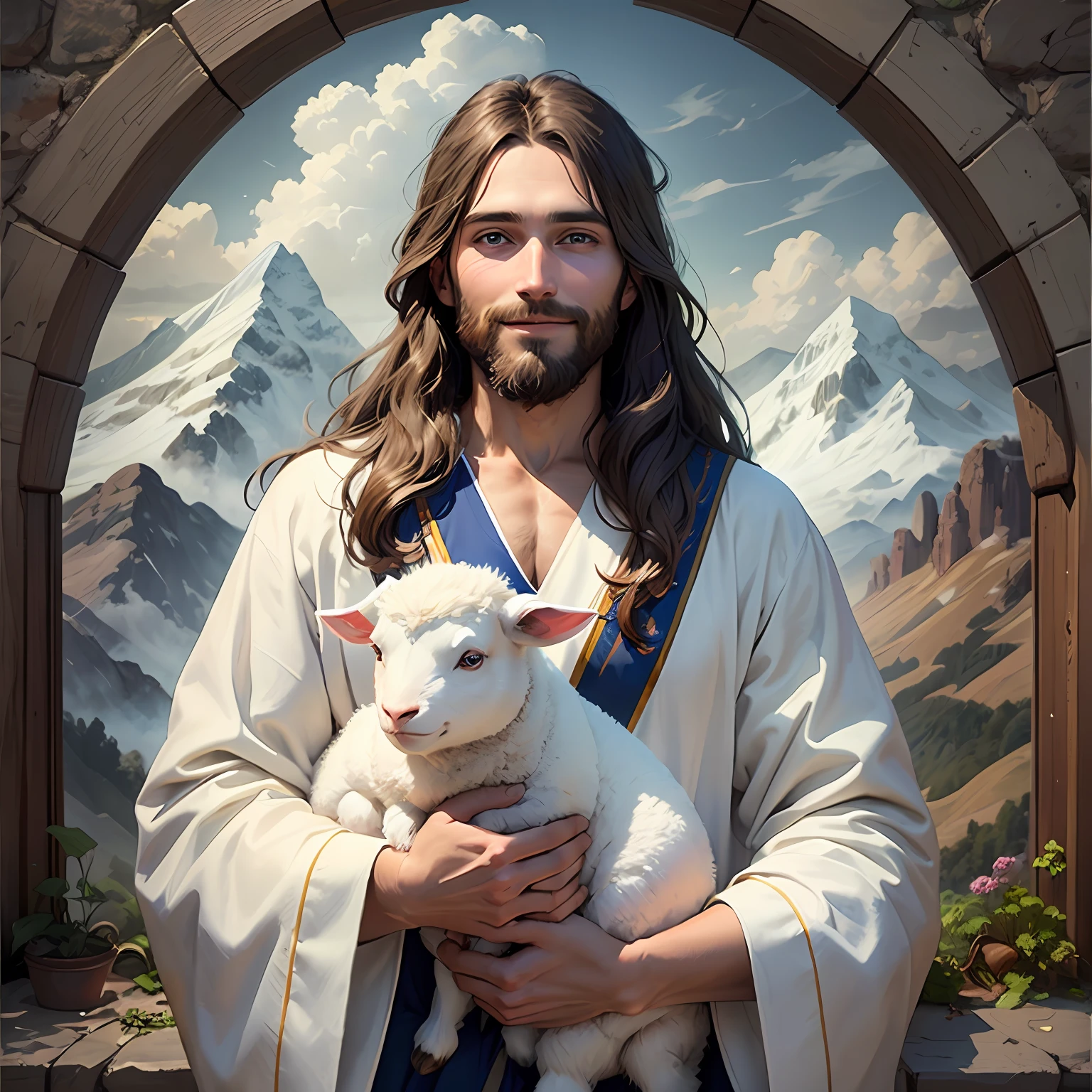 Jesus,portrait, soft light, a man with long brown hair and a beard, wearing a white robe and a blue sash, holding a lamb in his arms, smiling gently, mountains and clouds in the background, 8k, oil painting