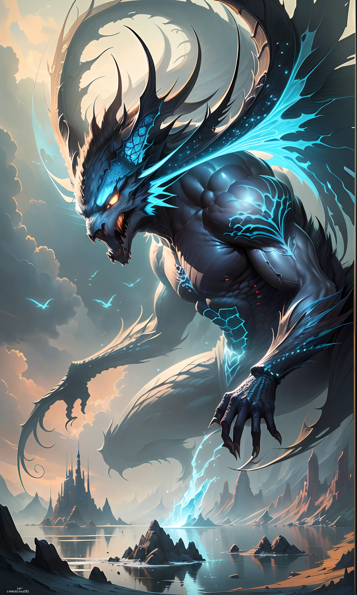 Draw a giant creature in the middle of a body of water,highly detailed fantasy art,Symmetrical epic fantasy art,detailed fantasy digital art,Art fantastique grand angle,by Yang J,4k highly detailed digital art,By Zeng Jing,detailed fantasy art,By Li Song