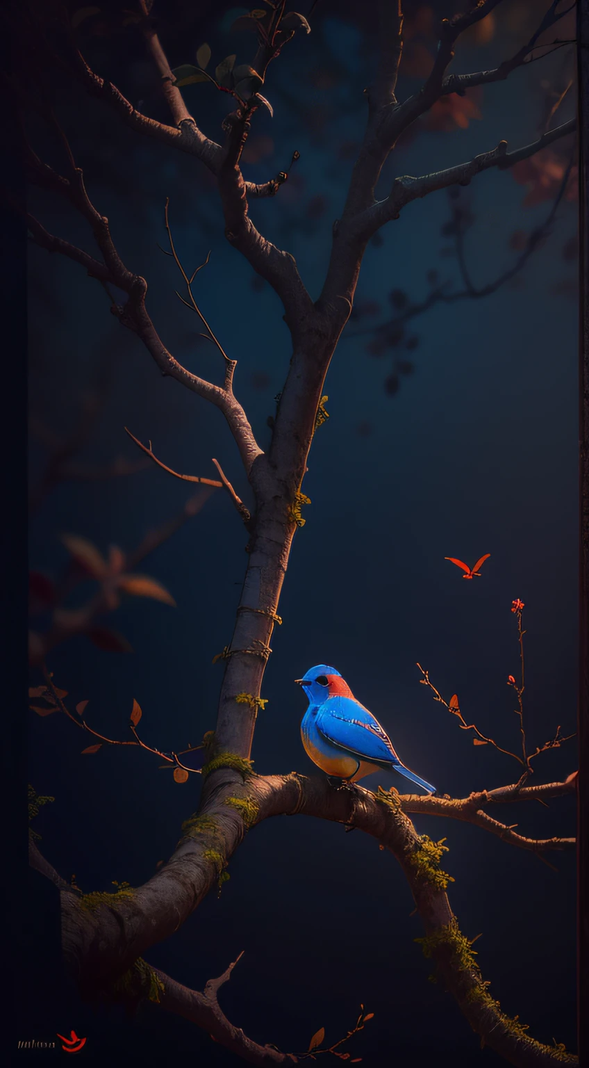 red and blue bird sitting in the alone tree,high resolution, high quality,dark background