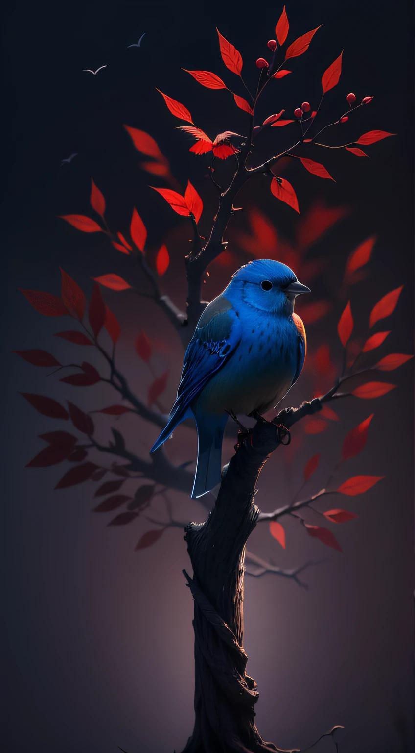 red and blue bird sitting in the alone tree,high resolution, high quality,dark background
