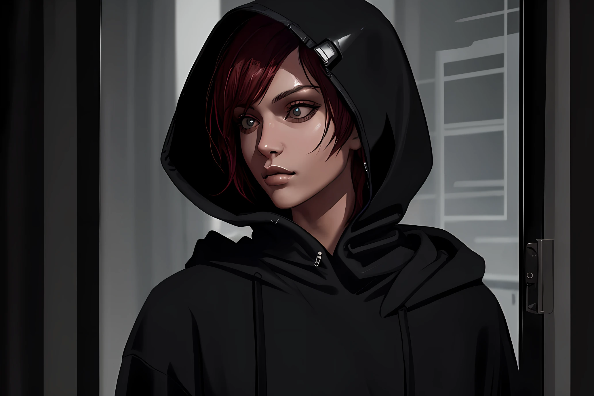 cyberpunk game style, ((masterpiece, best quality 1.3)) ultra detailed, 8k,adobe illustration realistic, digital painting, black hood in front of a curtain, with black hood, profile photo, wearing a black sweatshirt, wearing a hoodie, wearing an oversized ...