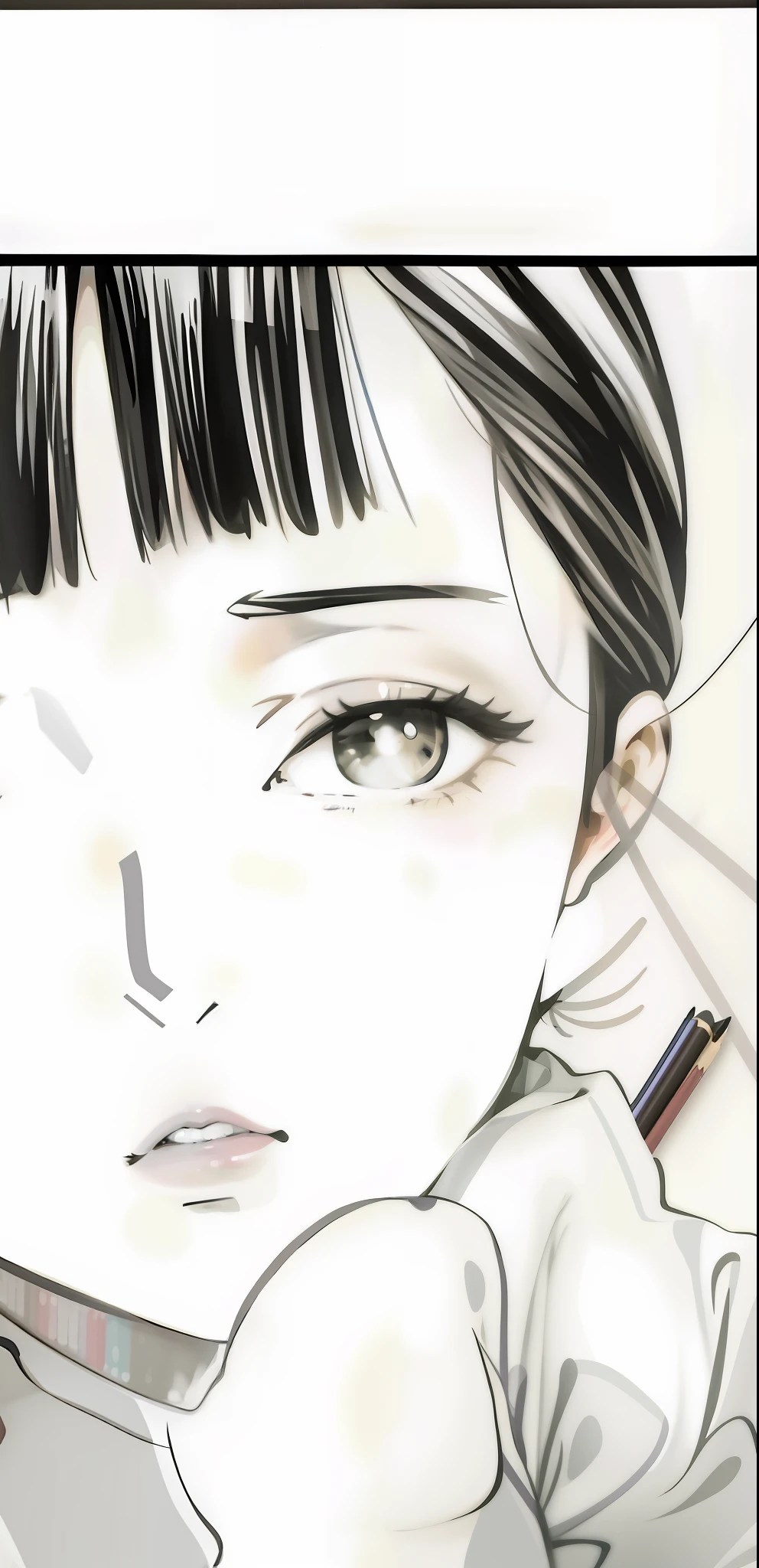 Anime girl with black hair bangs,pencil and ink manga,Fill in the other half of your face