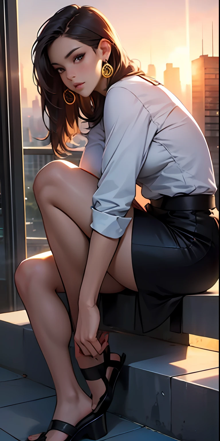 a masterpiece of、Top image quality、1人の女性、Beautiful woman sitting on the stairs、legs slightly open、Detailed facial expressions、Detailed eye、Detailed nose、Detailed lips、hugetits、Female proportions considered everywhere、Skyscraper District、Sunset between buildings、Large circular earrings、Emphasis on beautiful legs、from side