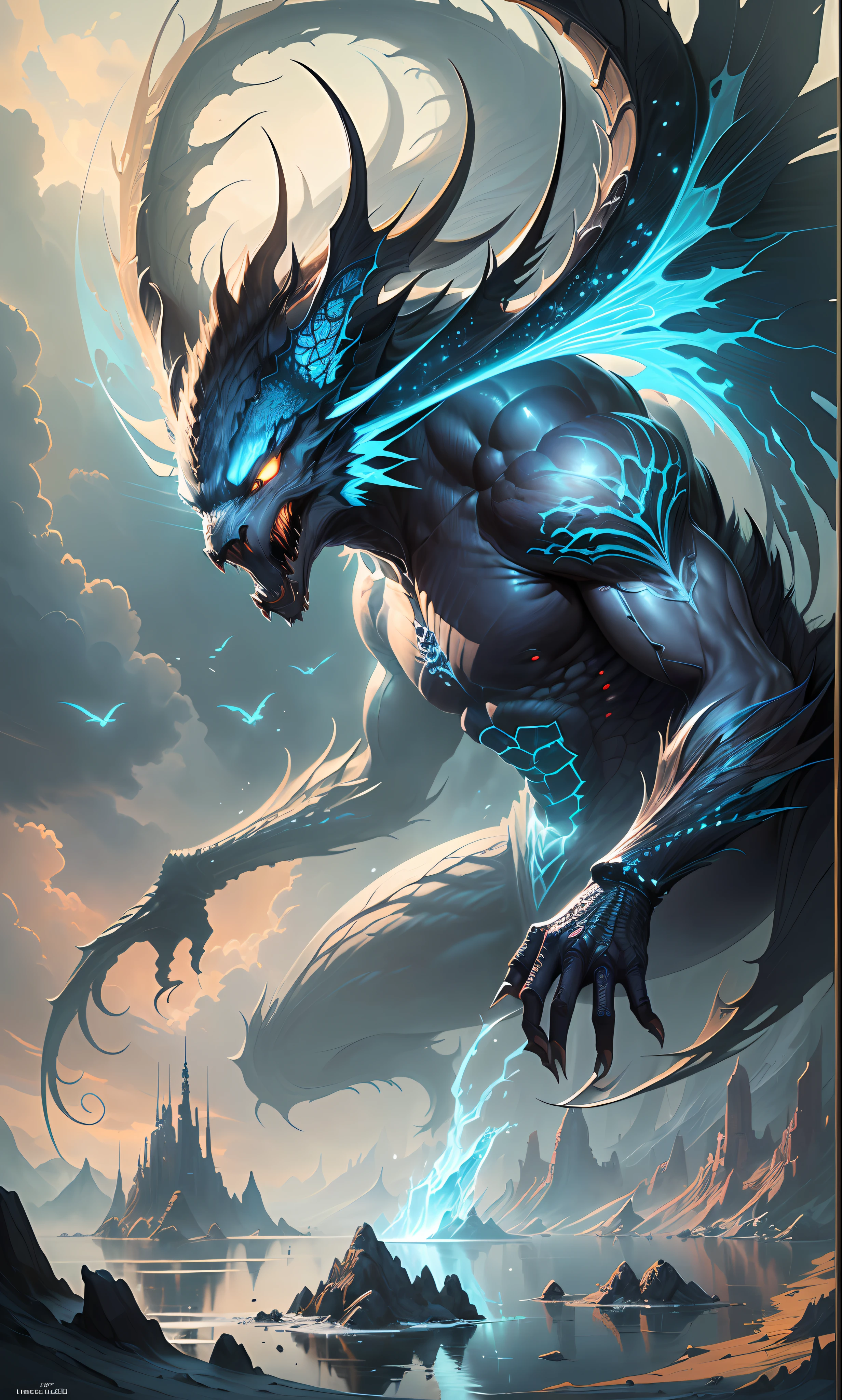 Draw a giant creature in the middle of a body of water,highly detailed fantasy art,Symmetrical epic fantasy art,detailed fantasy digital art,Art fantastique grand angle,by Yang J,4k highly detailed digital art,By Zeng Jing,detailed fantasy art,By Li Song