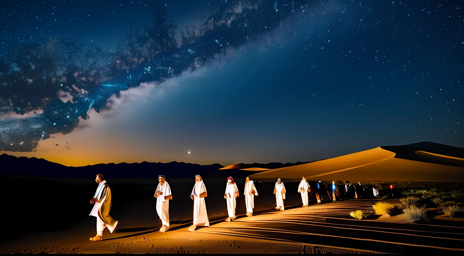 group of ancient priests walking through the desert at night --auto