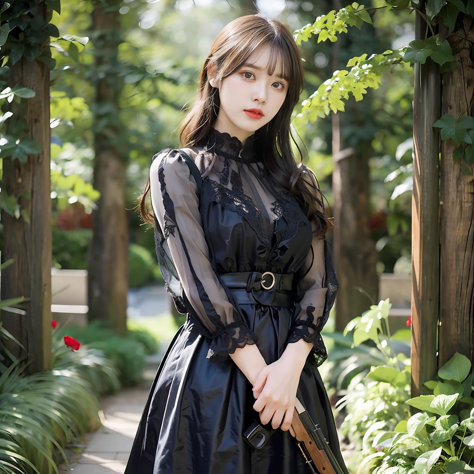 Black tears, corolla, revolutionary, possessing a pistol, dark theme, 18 year old girl in the garden, black dress, holding a rifle (top quality, masterpiece: 1.2), (red flower chaos in the background: 1.3)