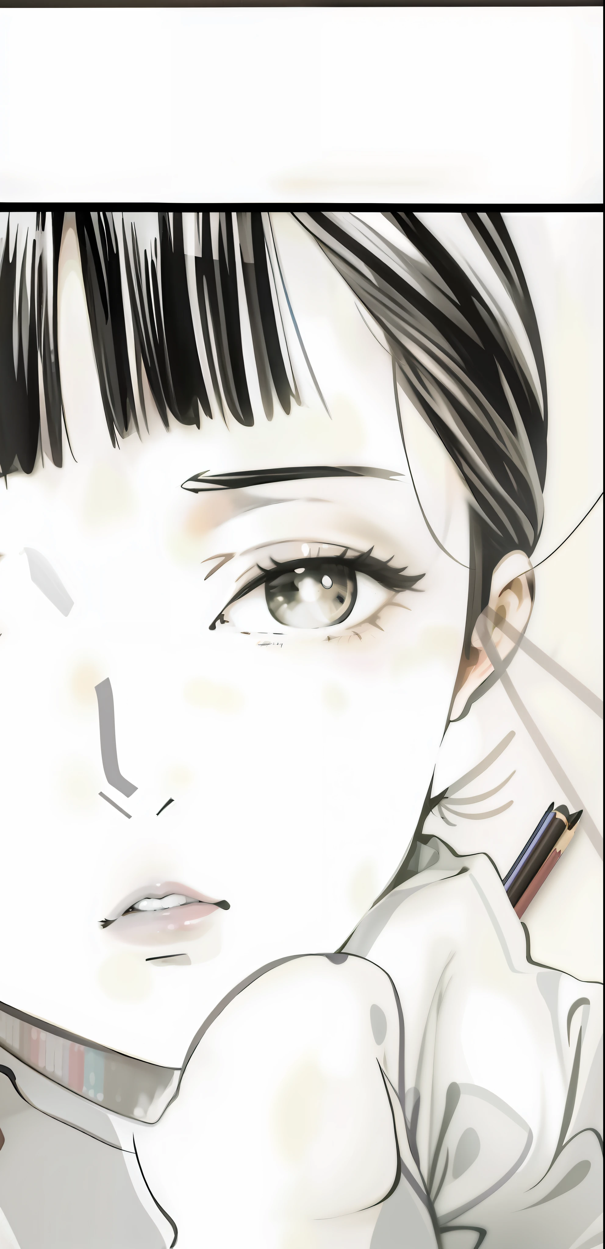 Anime girl with black hair bangs,pencil and ink manga,Fill in the other half of your face
