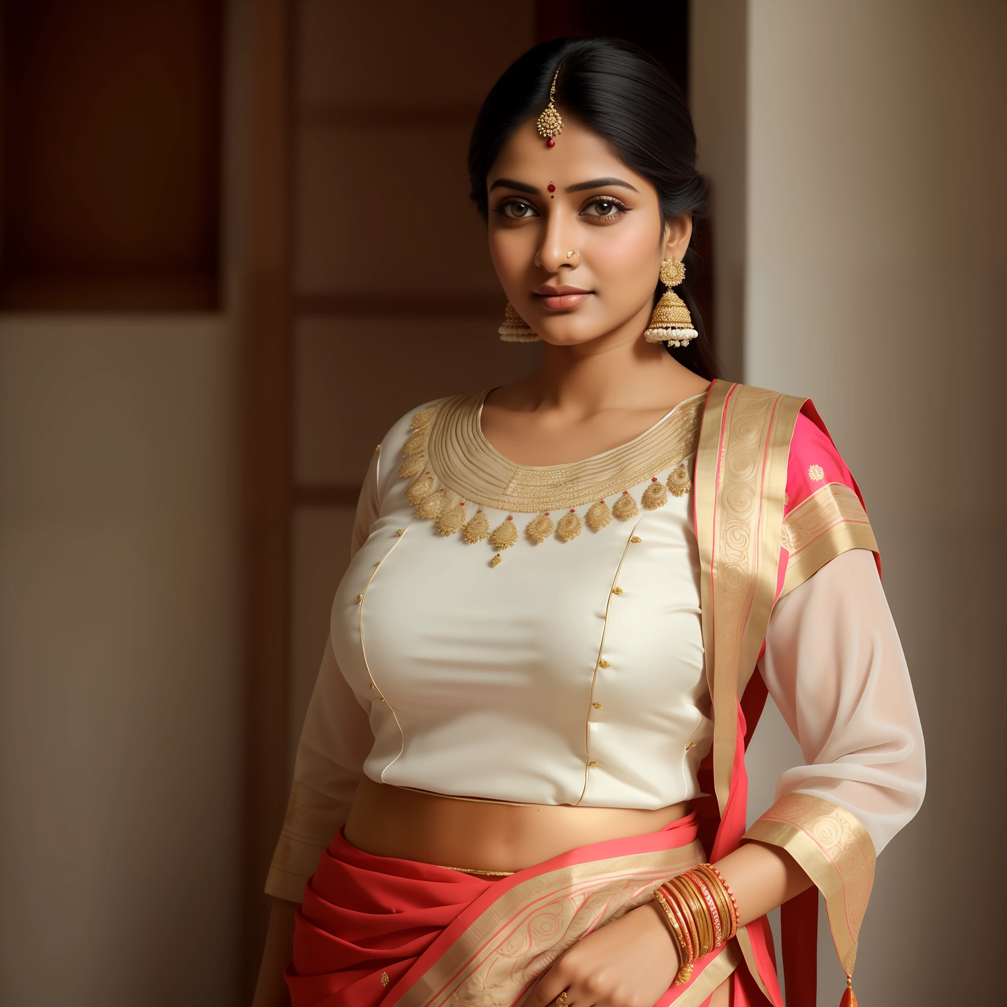 portrait. Beautiful Indian woman. ((white skin tone)),detailed Perfect face. clear face. beautiful face. Ultra Super detailed face. perfects eyes. perfect nose. reflective eyes. Perfect body. full body view. perfect composition. big curvy chest. perfect lighting on face. (((Wearing traditional Indian clothing))