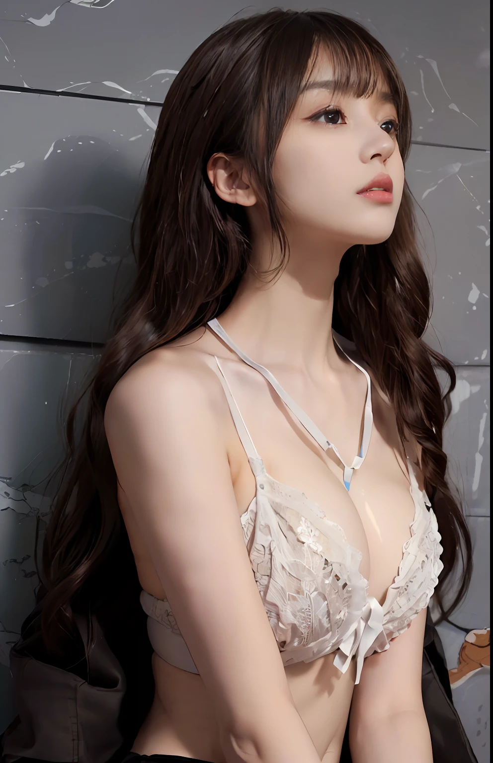 (A hyper-realistic)、(illustratio)、(hight resolution)、(8K)、(ighly detailed)、(Best Illustration)、(beautifully detailed eyes)、(top-quality)、(ultra-detailliert)、(​masterpiece)、(wall-paper）、（A detailed face）、独奏、1 girl in、looking at viewert、fine detailed、A detailed face、Dark Bar Counter、in the darkness nigth、deep-shadows、lowkey、pureerosfaceace_v1、long、Dark blonde shawl straight hair、bangss, 、White bikini,  small tits, The upper part of the body,