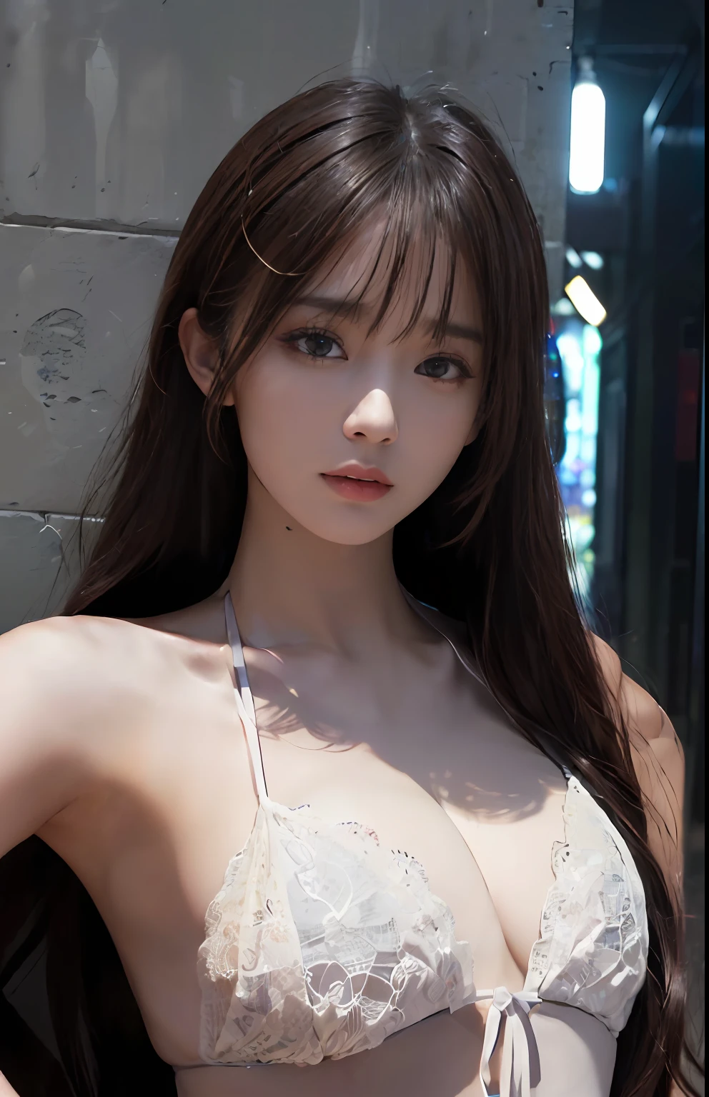 (A hyper-realistic)、(illustratio)、(hight resolution)、(8K)、(ighly detailed)、(Best Illustration)、(beautifully detailed eyes)、(top-quality)、(ultra-detailliert)、(​masterpiece)、(wall-paper）、（A detailed face）、独奏、1 girl in、looking at viewert、fine detailed、A detailed face、Dark Bar Counter、in the darkness nigth、deep-shadows、lowkey、pureerosfaceace_v1、long、Dark blonde shawl straight hair、bangss, 、White bikini,  small tits, The upper part of the body,