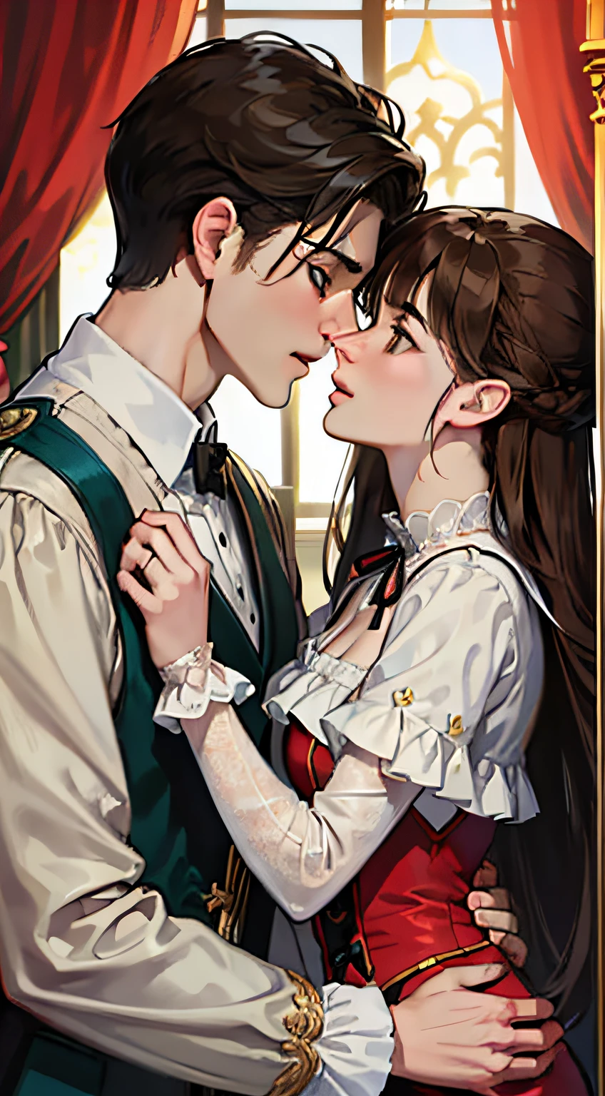 ((masterpieces)), best quality, outstanding illustration, a couple kissing, soft focus, 1 boy with long black hair, RED EYES, 1 girl with long brown hair, BROWN EYES, Victorian clothes, Victorian romanticism, opulent and exquisite atmosphere, soft light and warm lighting.