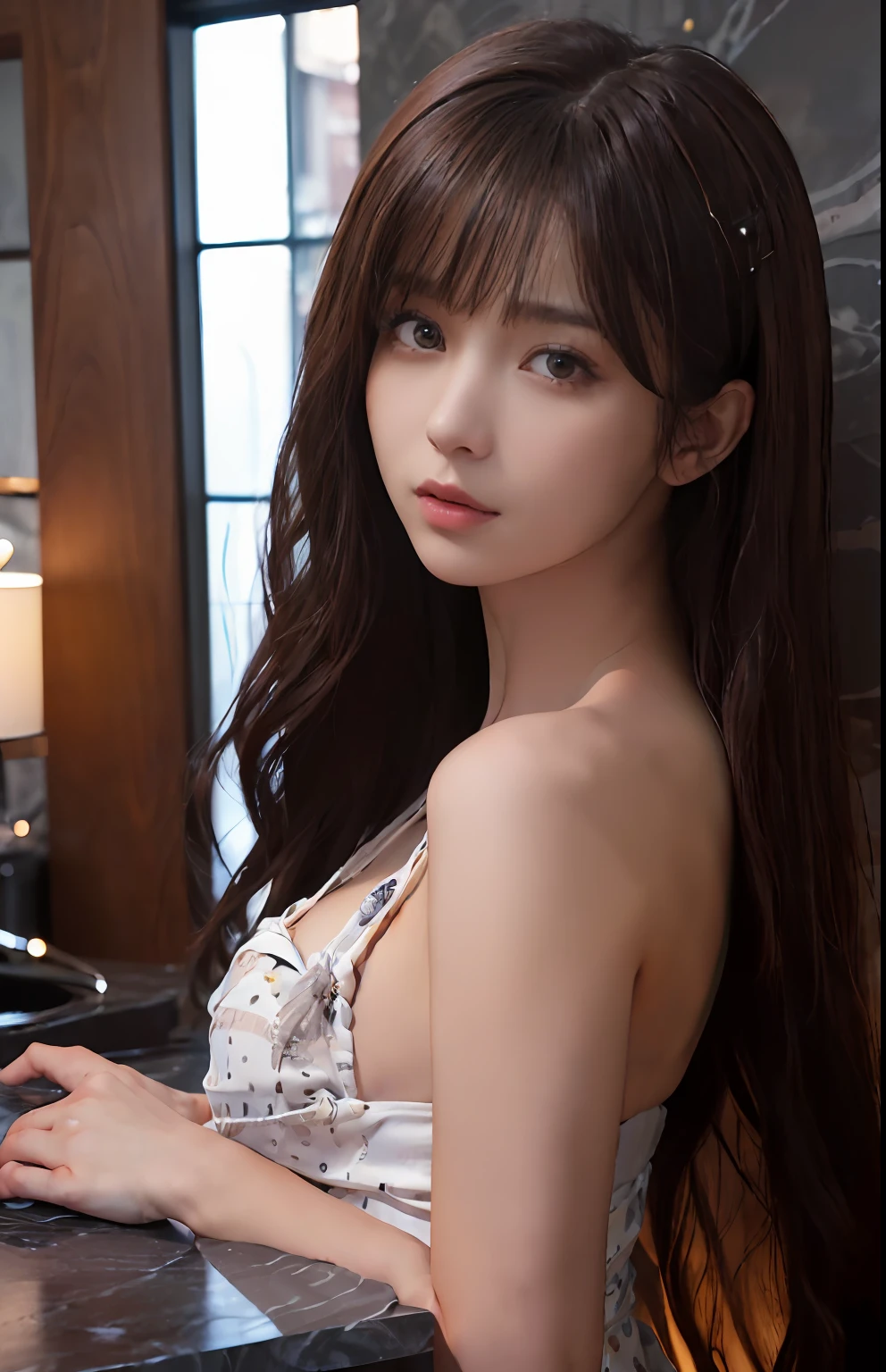 (A hyper-realistic)、(illustratio)、(hight resolution)、(8K)、(ighly detailed)、(Best Illustration)、(beautifully detailed eyes)、(top-quality)、(ultra-detailliert)、(masterpiece)、(wall-paper)、(A detailed face)、独奏、1 girl in、looking at viewert、fine detailed、A detailed face、Dark Bar Counter、in the darkness nigth、deep-shadows、lowkey、pureerosfaceace_v1、long、Dark blonde shawl straight hair、bangss, 、White bikini, small tits, The upper part of the body,