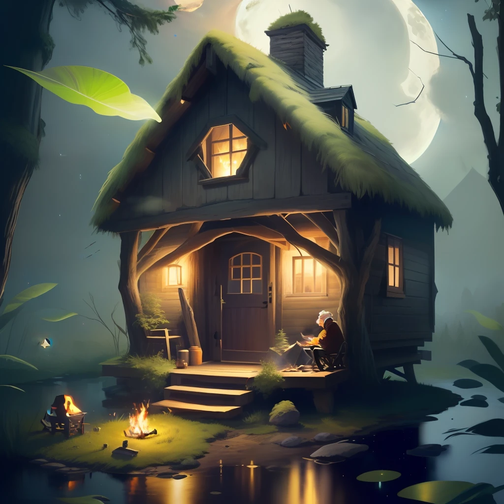 Old house，natta，Stars and Moon，bonfires，Adults and children
Old man and small child sitting outside the house，Grill a fire by a campfire，In the sky are the Milky Way stars and the moon，There is grass all around