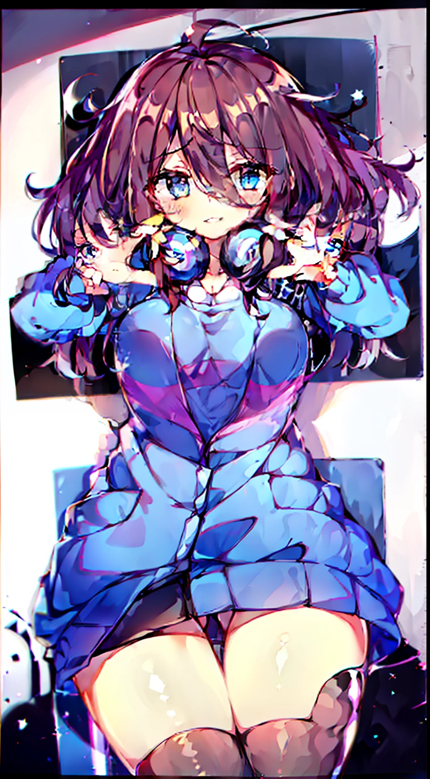 masterpiece, best quality, highres, nm1, headphones around neck,pantimedias negras, ojos cerrados, (camisa azul: 1.3), ojos amarillos, (1girl: 1.3), (solo: 1.3), rayas, camisa a rayas, cowboy shot, standing
