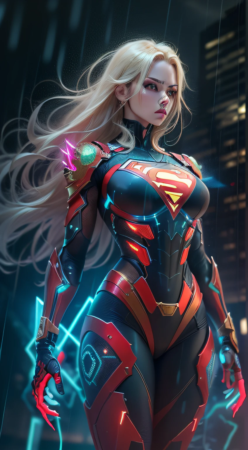 ((full body):1.5), ((female):1.3) wearing (superman suits), blonde long hair, red and blue high-tech exoskeleton, bioskeleton, nanotechnology, Intricate neon circuits, Cybernetic Part, translucent skin, (intricate luminous details on armor), emanating a lot of power, extreme richness in details, gloomy night weather, raining Preparing