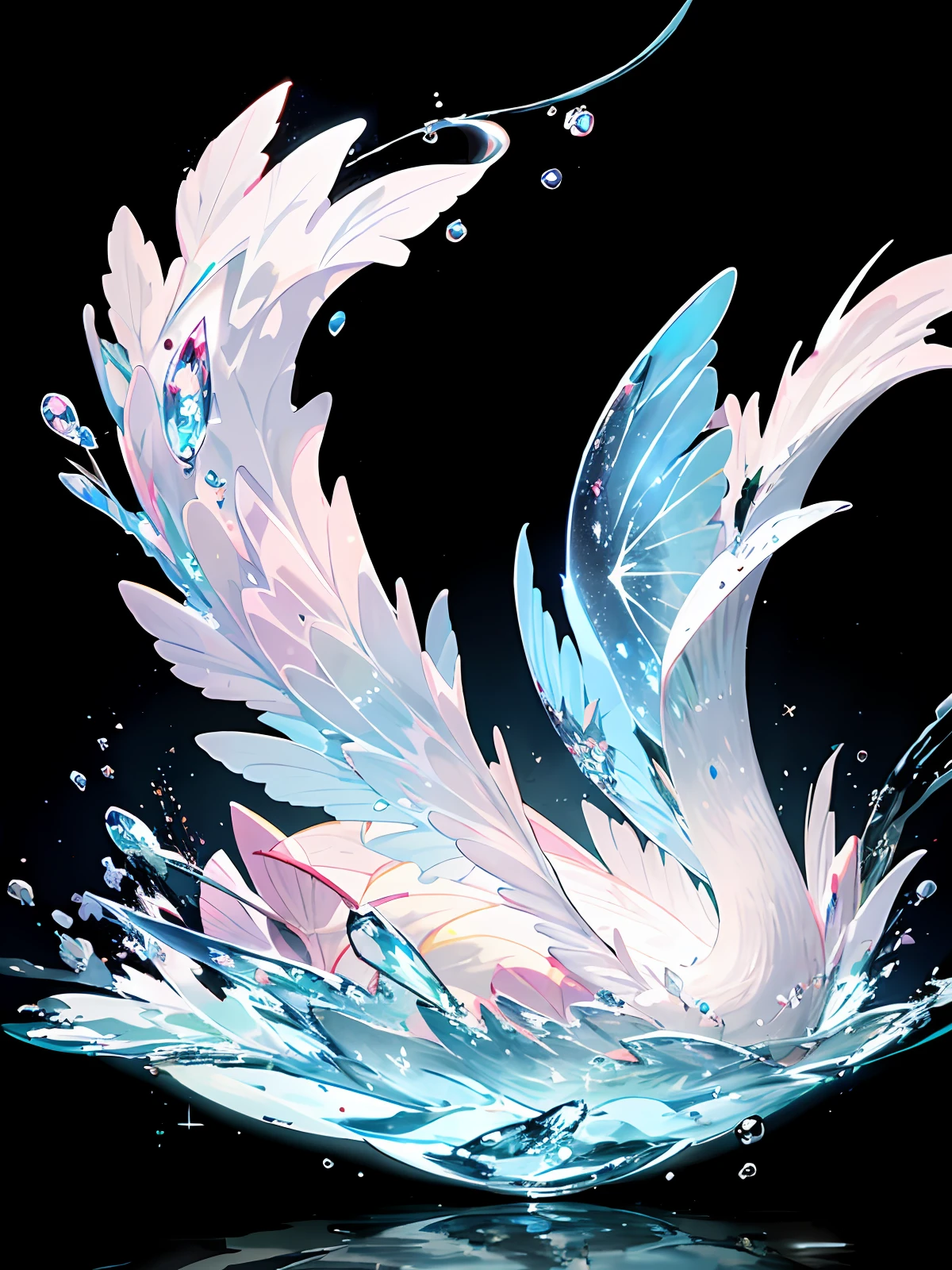 Crystal  swan, Pink white gradient，water drop，Fantastical, galaxies, Transparent,, Pink white gradient，water drop，Light blue leaves，Sparkle, Sparkle, brilliance, Water，colorful，, Magical photography of light blue leaves, dramatic illumination, Photo realism, Ultra detailed, 4k, depthoffield, high resolusion