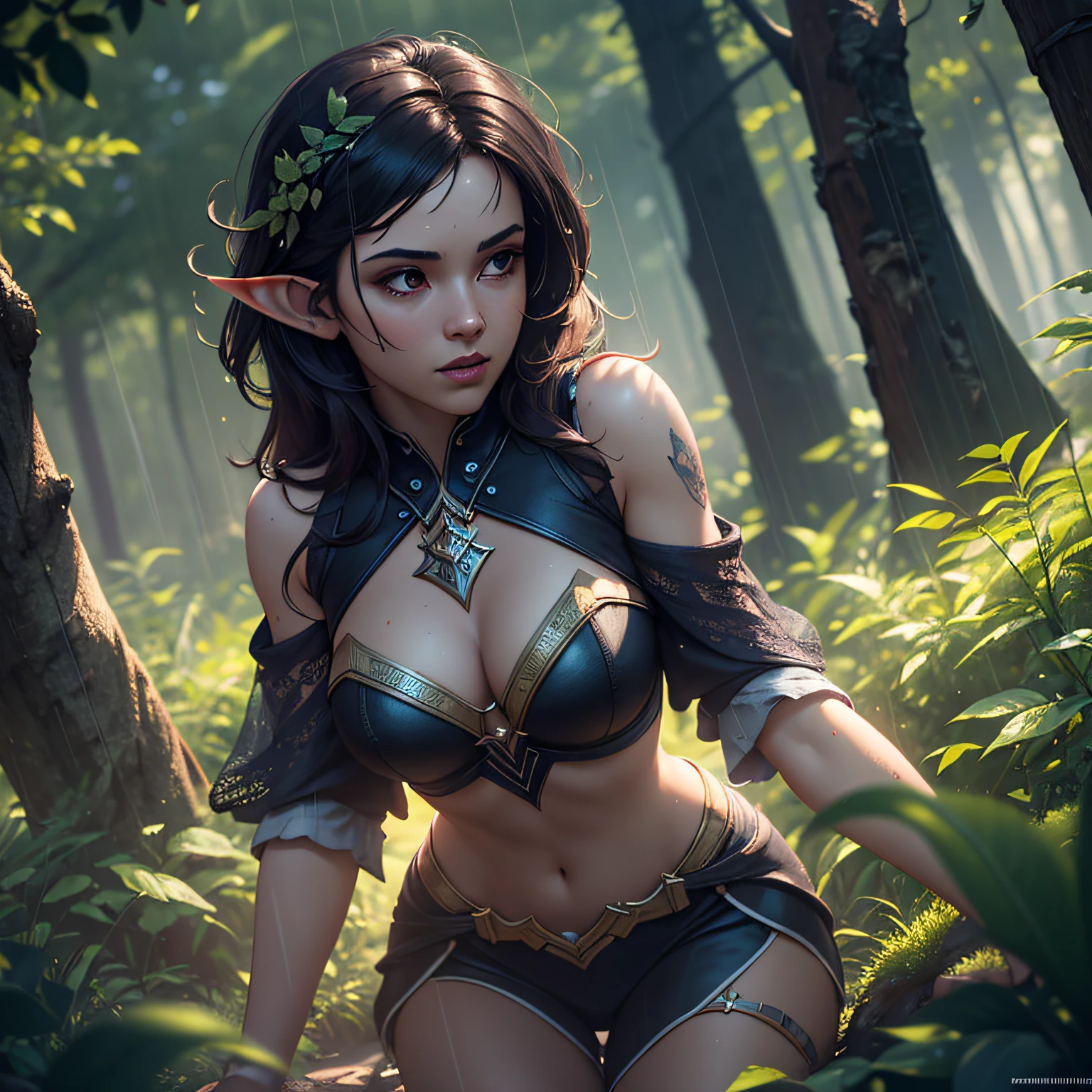 Masterpiece, superlative, (very detailed CG unified 8k wallpaper), dynamic lighting, (charming dark night elf forest), dim forest, meadow, bathed in dark and ethereal light, highlighting every intricate detail, adding fantastic texture to the scene, mysterious era, fantastic details, rainy weather, mysterious, warm and friendly atmosphere, atmospheric dust, underground scattering, ray tracing, depth of field, bokeh, vivid colors, cinematic hard lighting, realistic shadows, beautiful luminous details, Film, octane rendering, ray tracing, concept art, reality, Unreal Engine 5