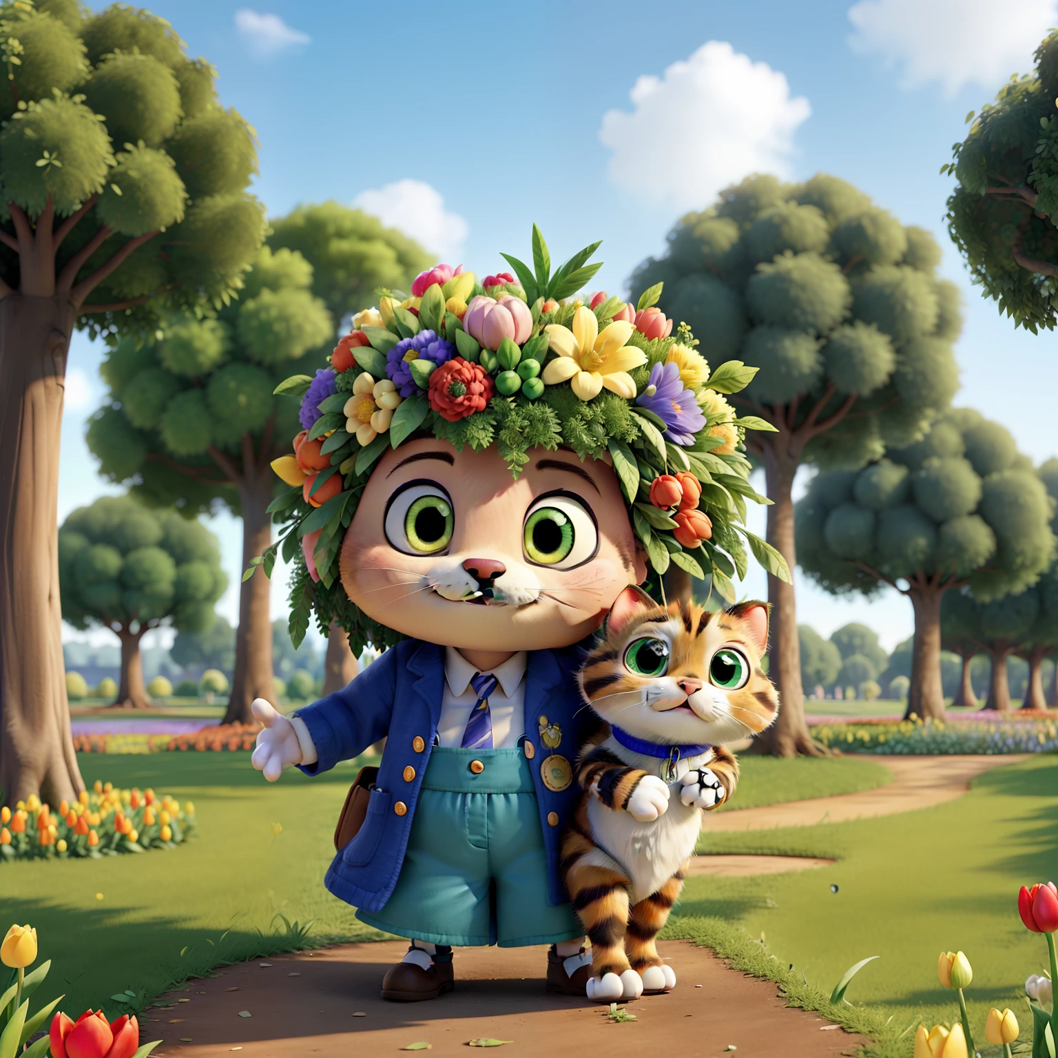 (Cute kitten:1.2), ssmile, Bushy smooth coat、personification, Mushroom cap on the head, rendered:(charicature:1.3,Production Movie, the pose:(Lively:1.2, amusing), modeled:(ultra-quality:1.2,8K,Orthographic view),tulips, blue-sky, for the background(A park full of greenery:1.1),｛Complex and ultra-detailed, Giuseppe Arcimboldo｝