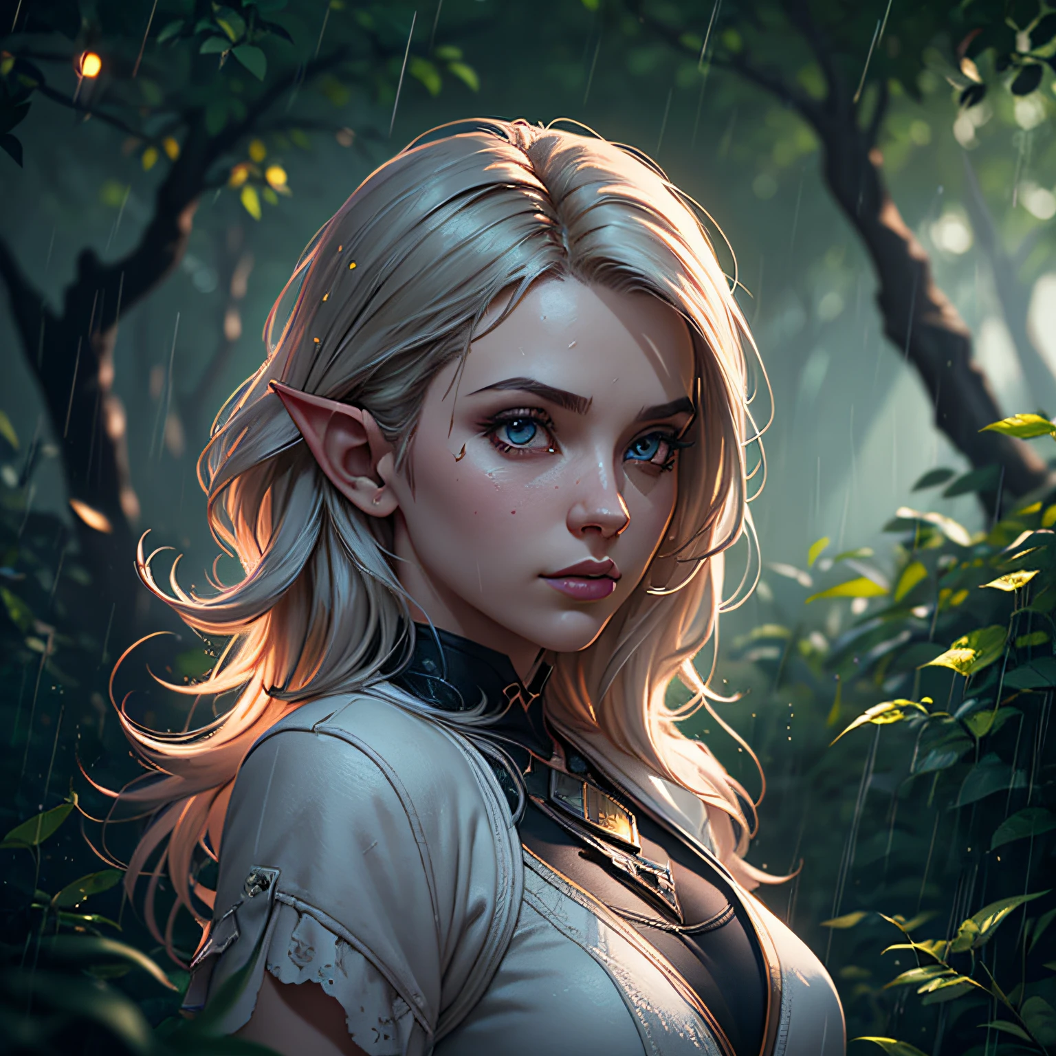 Masterpiece, superlative, (very detailed CG unified 8k wallpaper), dynamic lighting, (charming dark night elf forest), dim forest, meadow, bathed in dark and ethereal light, highlighting every intricate detail, adding fantastic texture to the scene, mysterious era, fantastic details, rainy weather, mysterious, warm and friendly atmosphere, atmospheric dust, underground scattering, ray tracing, depth of field, bokeh, vivid colors, cinematic hard lighting, realistic shadows, beautiful luminous details, Film, octane rendering, ray tracing, concept art, reality, Unreal Engine 5, girls